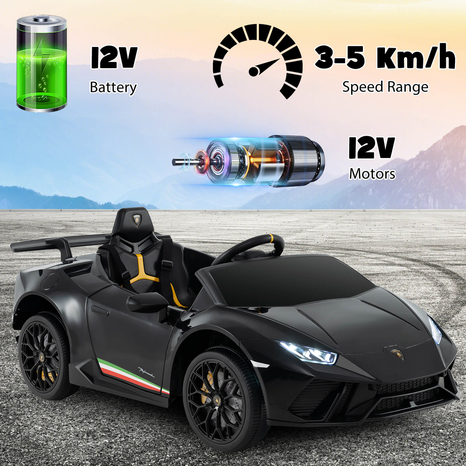12V Kids Ride on Car Lamborghini with Remote Control and LED Lights-Black