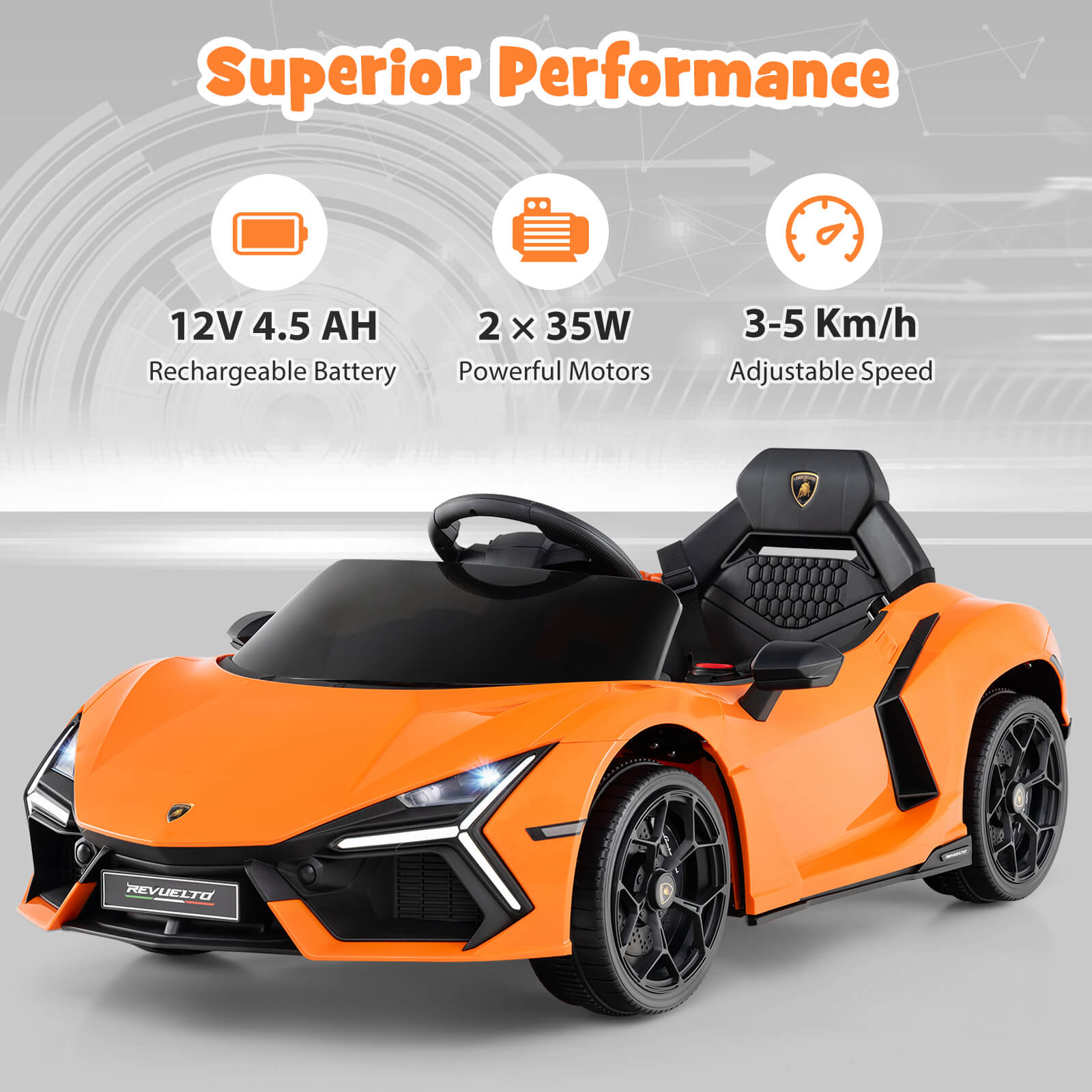 12V Kids Ride on Car with Hydraulic Doors Licensed Lamborghini Revuelto-Orange
