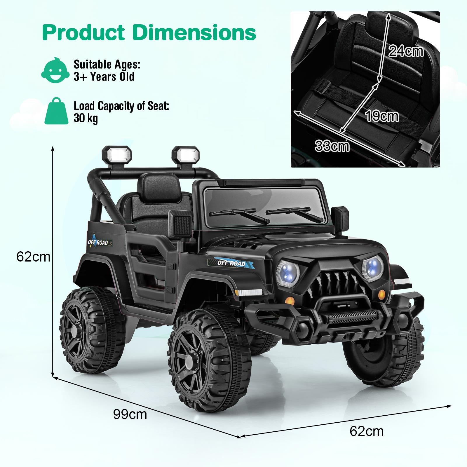 12V Kids Ride on Truck with Remote Control and 3 Speeds-Black