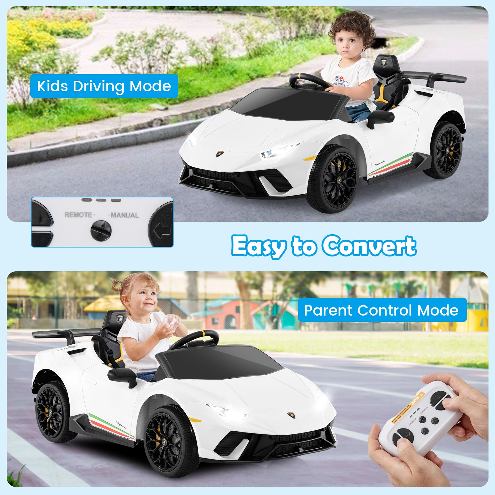 12V Kids Ride on Car Lamborghini with Remote Control and LED Lights-White