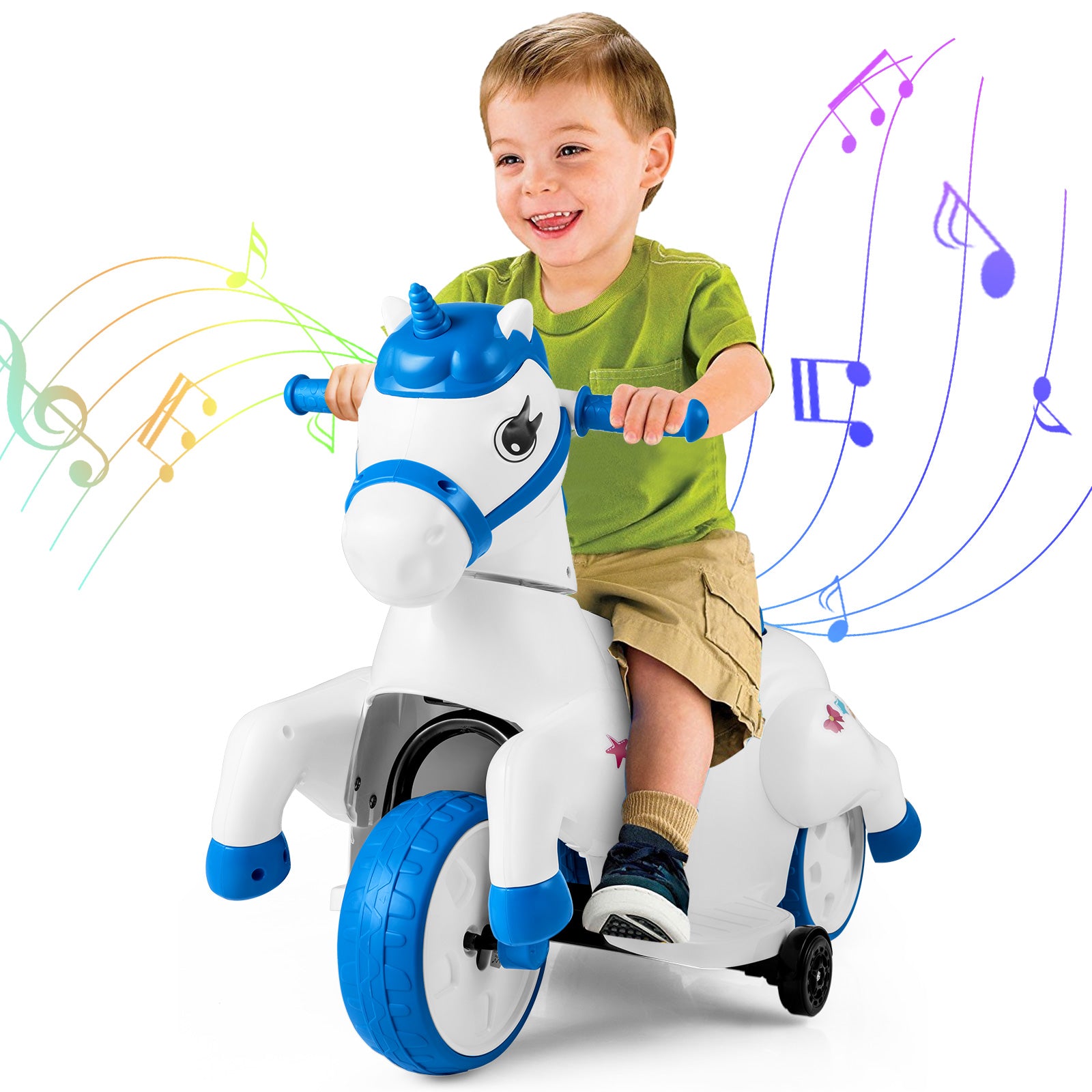 12V Unicorn Ride on Toy with Training Wheels for Kids-Blue and White