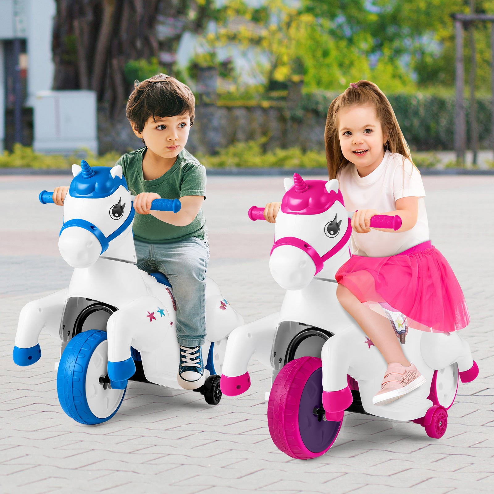 12V Unicorn Ride on Toy with Training Wheels for Kids-Rose Red and White