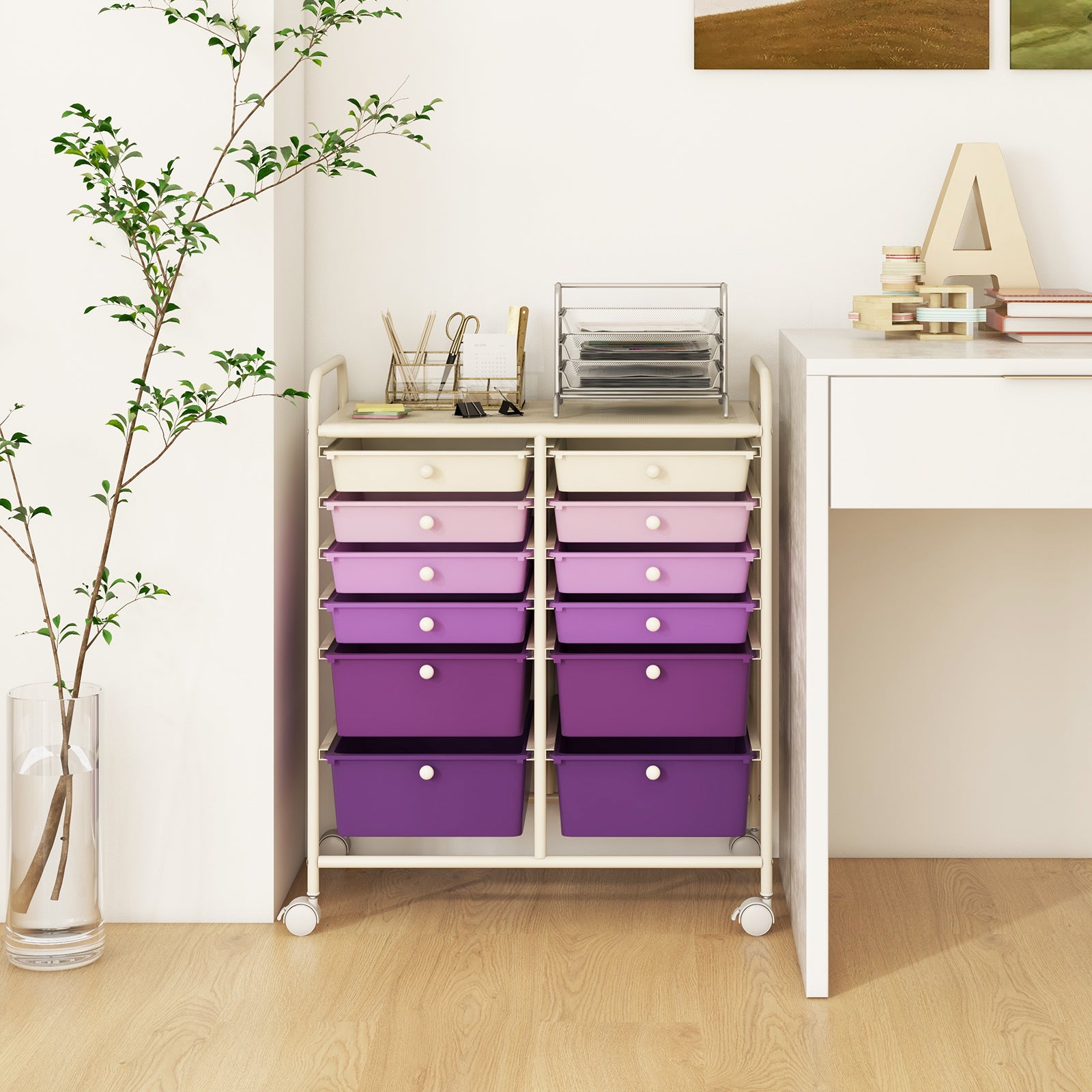 12 Drawers Rolling Storage Cart with 4 Wheels and Brakes-Purple