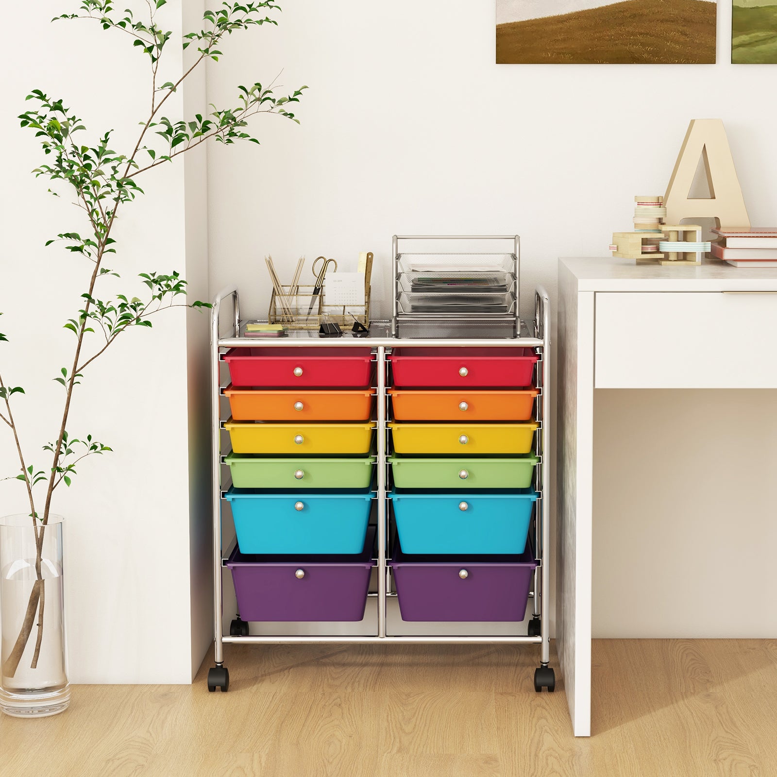 12 Drawers Rolling Storage Cart with 4 Wheels and Brakes-Multicolor
