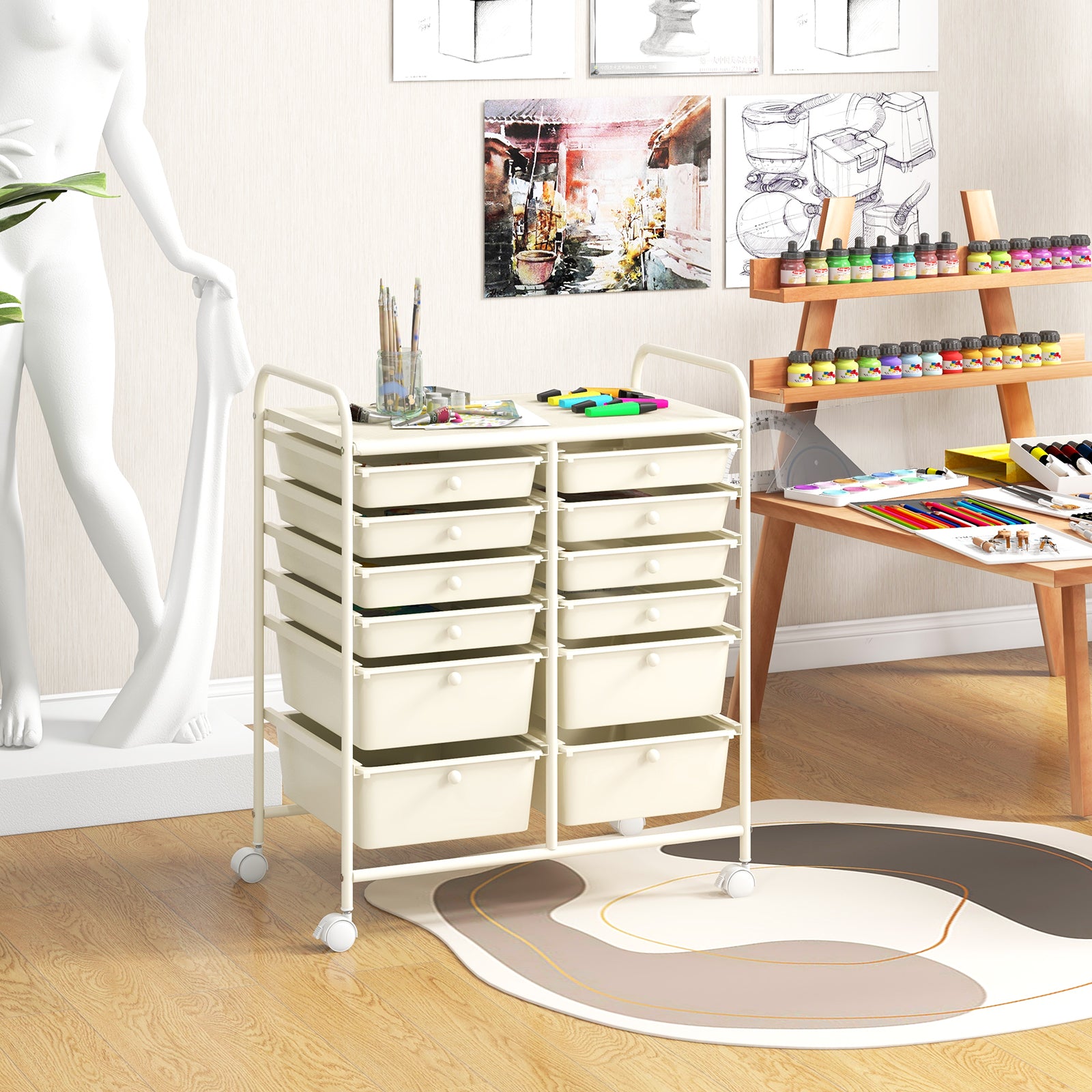 12 Drawers Rolling Storage Cart with 4 Wheels and Brakes-White