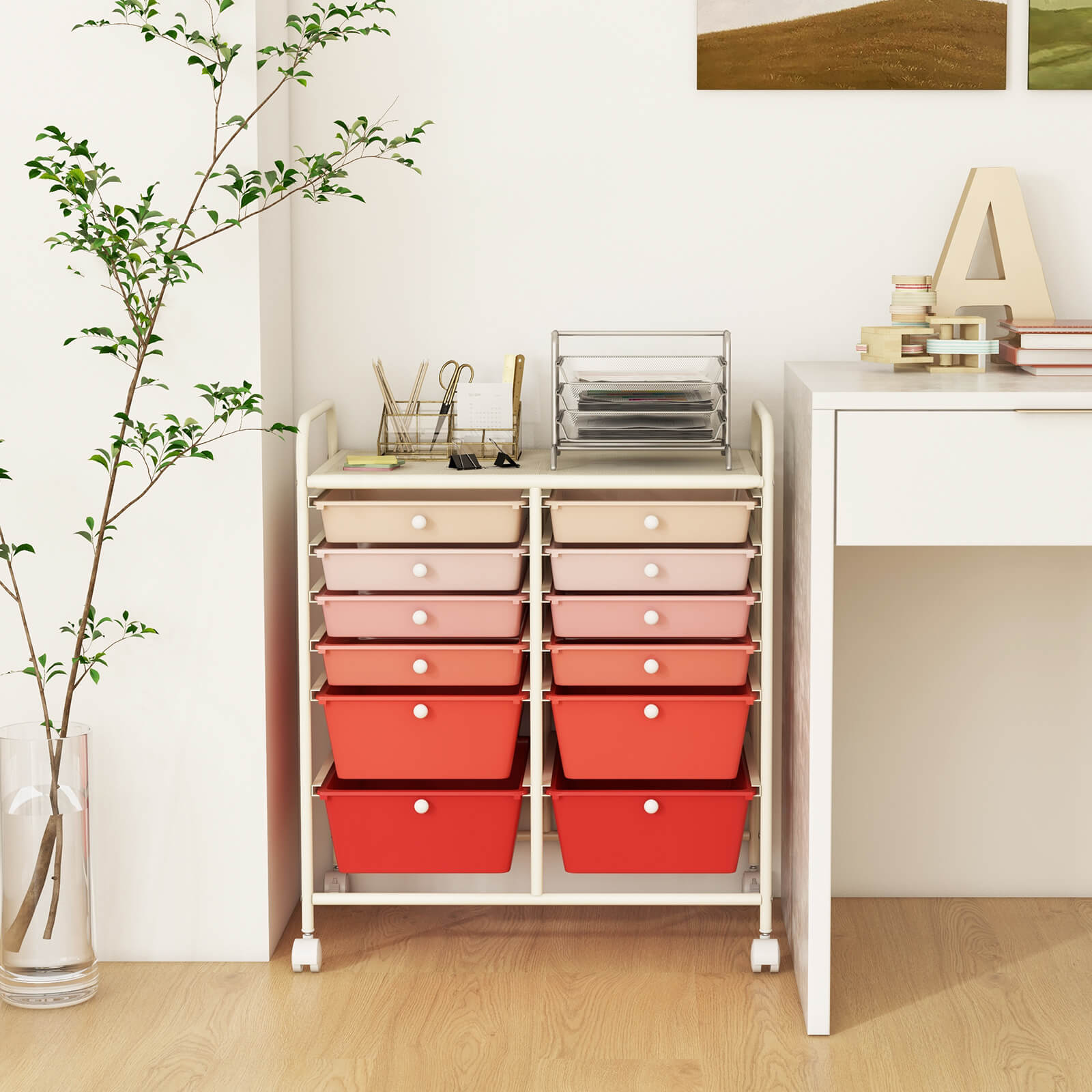 12 Drawers Rolling Storage Cart with 4 Wheels and Brakes-Gradient Pink