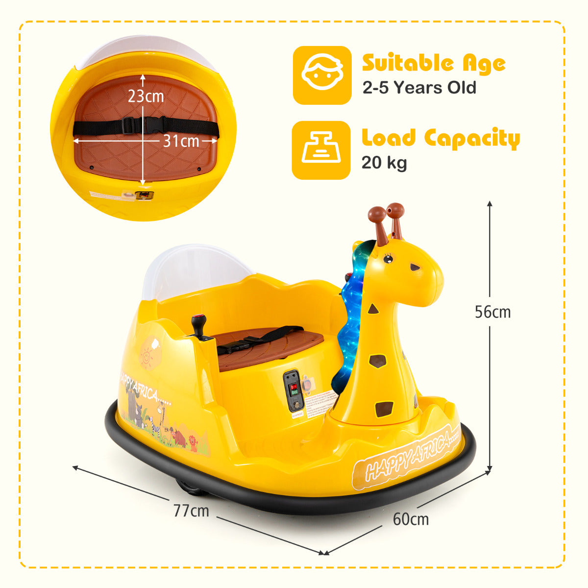 12V Bumper Car Giraffe Toddler 360¬∞ Spinning Ride on Toy-Yellow