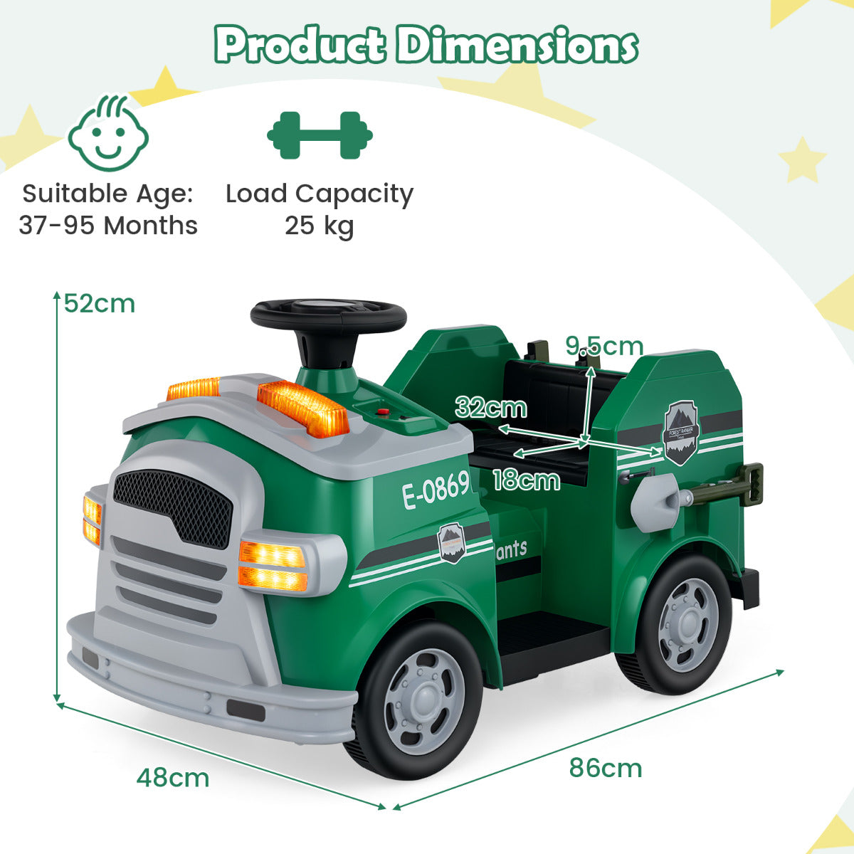 12V Kids Ride on Fire Truck with Shovel and Wrench-Green