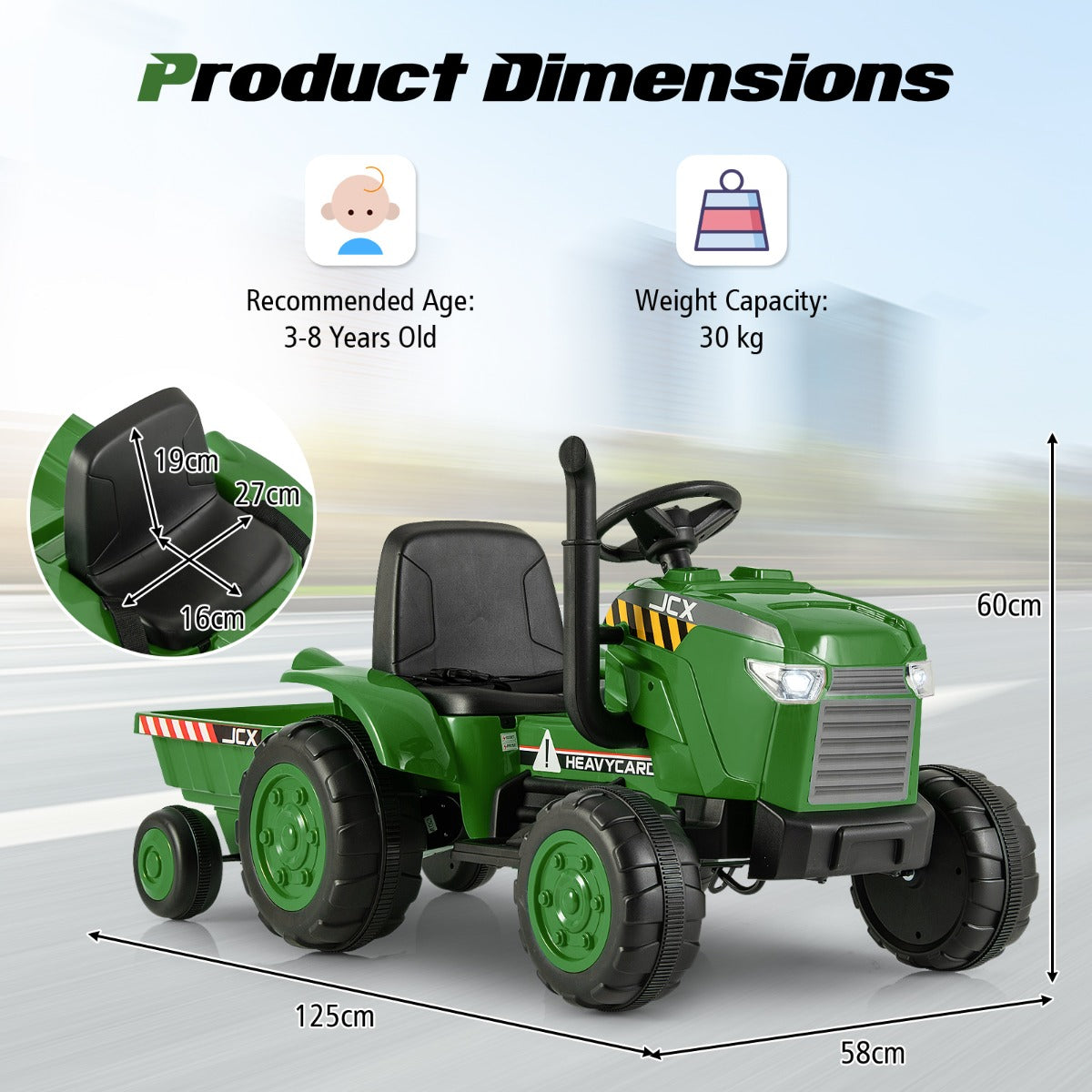12V Kids Ride On Tractor with Trailer with Remote Control and Lights and Horn-Dark Green