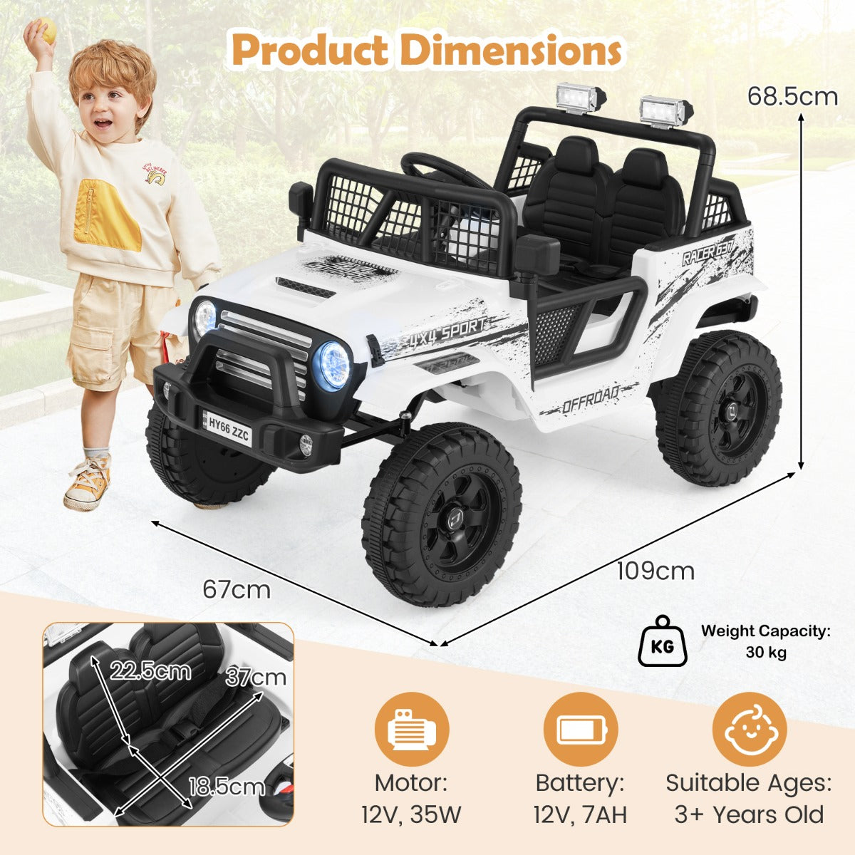 12V Kids Ride on Truck Car with Remote Control and LED Lights-White