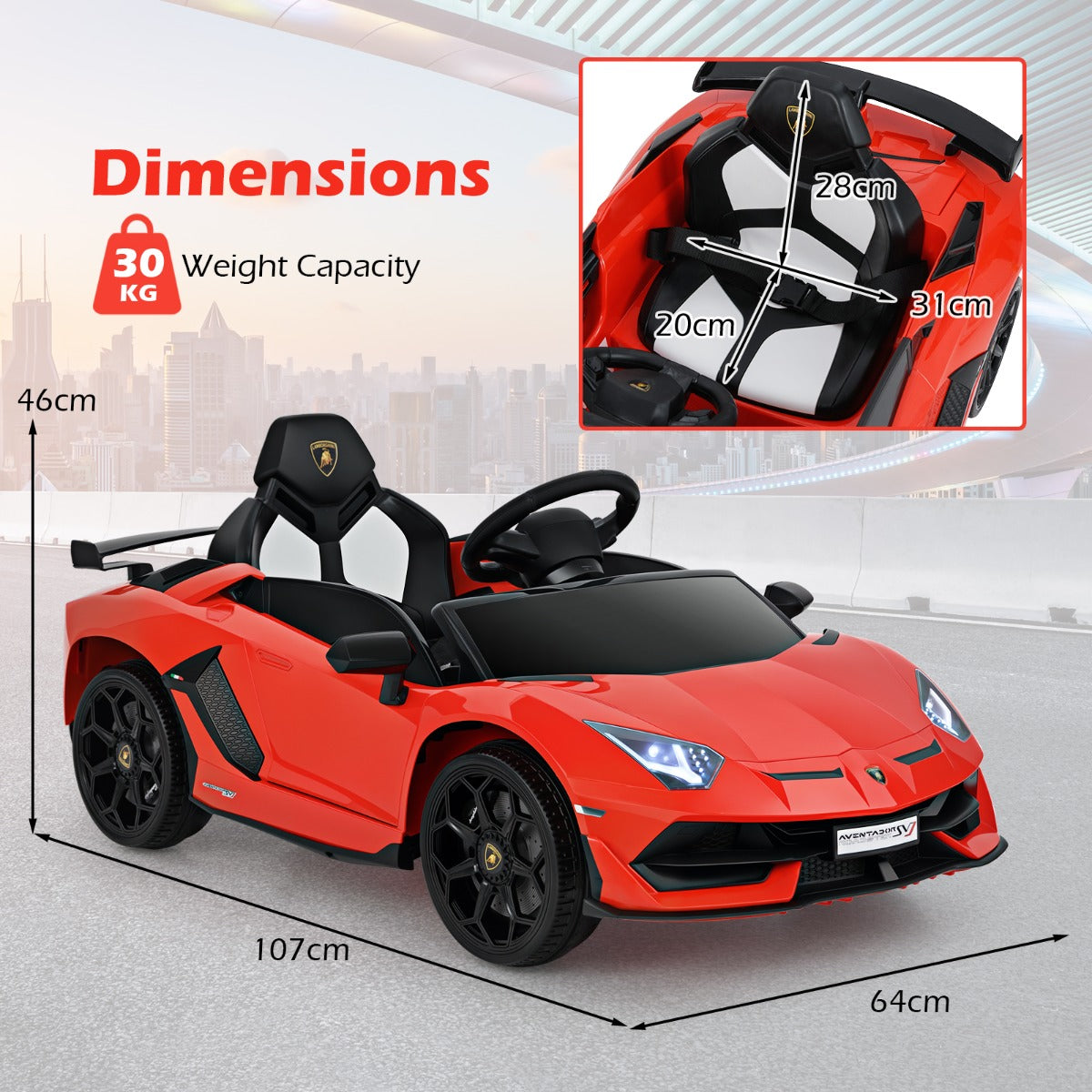 12V Licensed Lamborghini Kids Ride on Car with Remote Control-Red