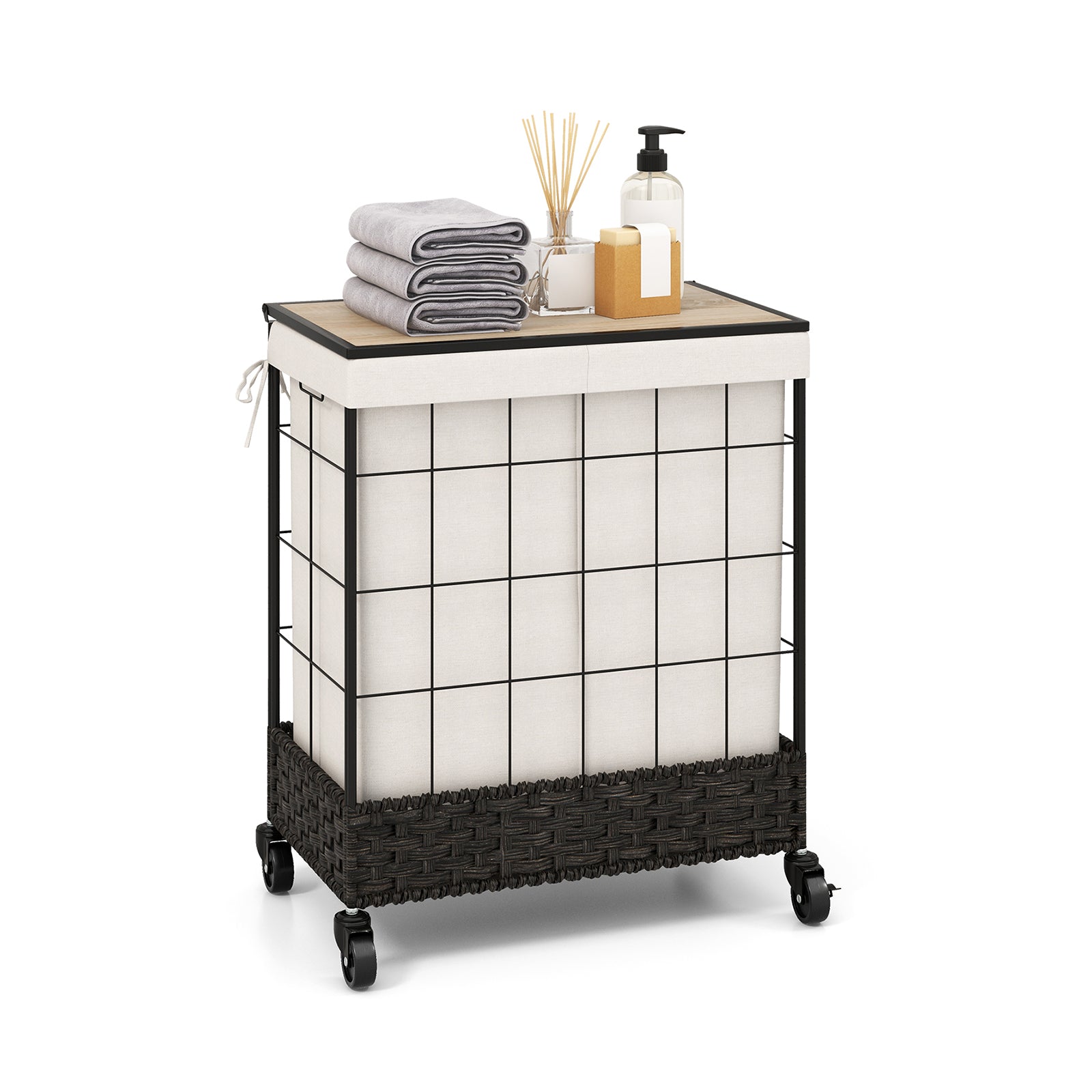 130L Handwoven Rattan Laundry Hamper with Lid and Lockable Wheels-Black