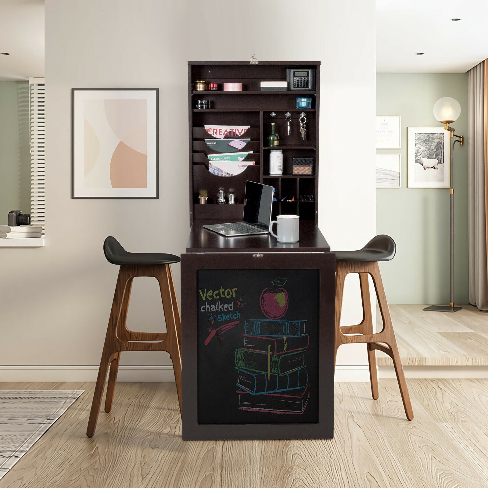 Multi-Function Folding Wall-Mounted Drop-Leaf Table with Chalkboard-Brown