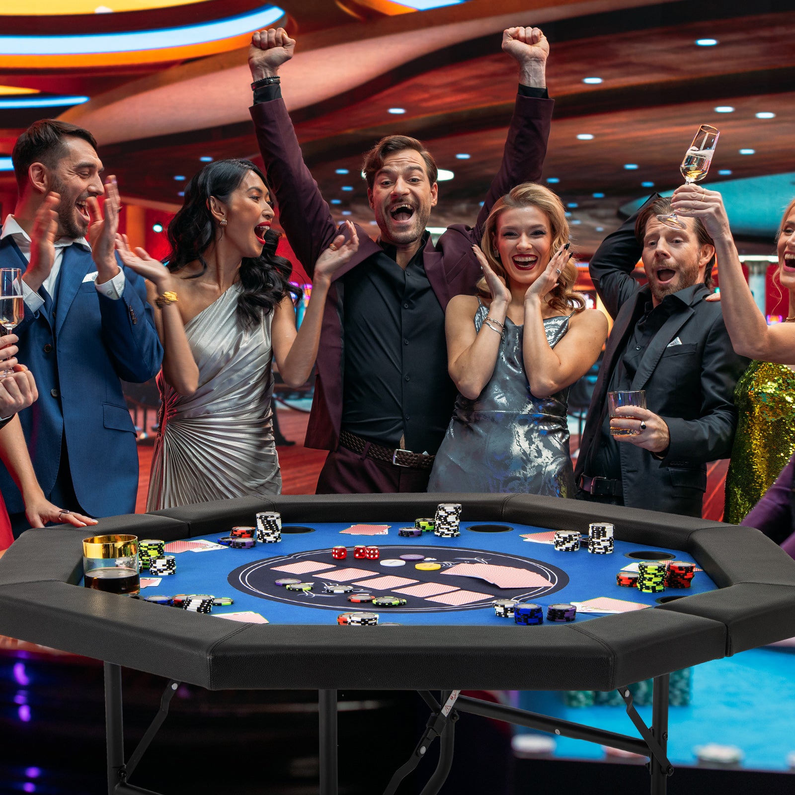 130 cm Foldable Poker Table with Padded Rails and Folding Legs for 8 Players-Blue