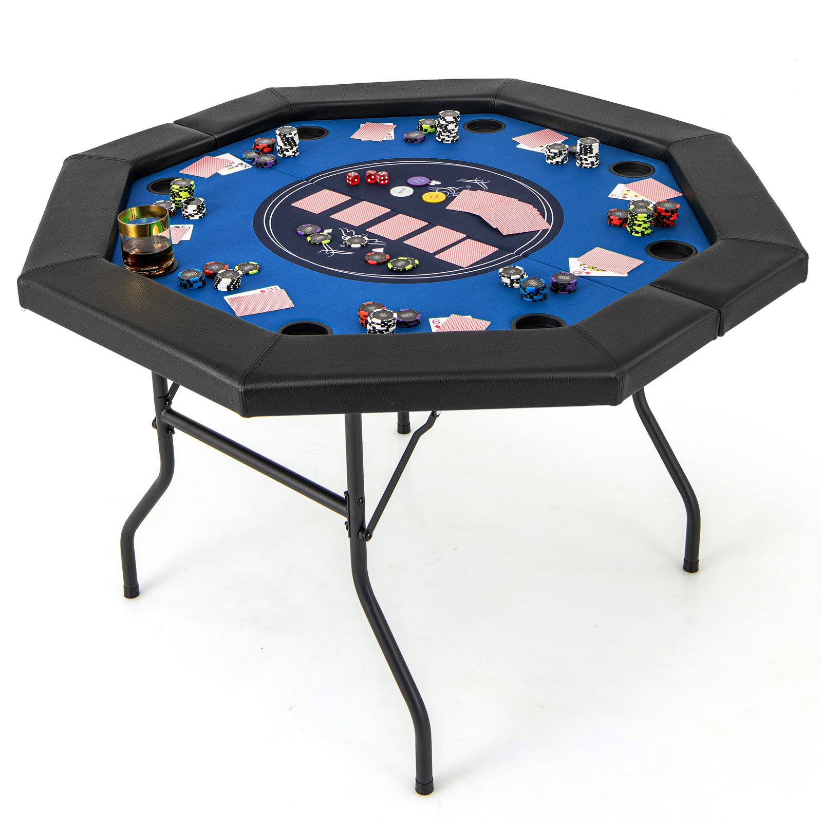 130 cm Foldable Poker Table with Padded Rails and Folding Legs for 8 Players-Blue
