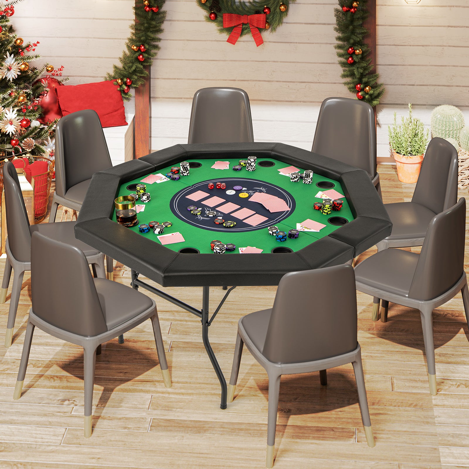 130 cm Foldable Poker Table with Padded Rails and Folding Legs for 8 Players-Green