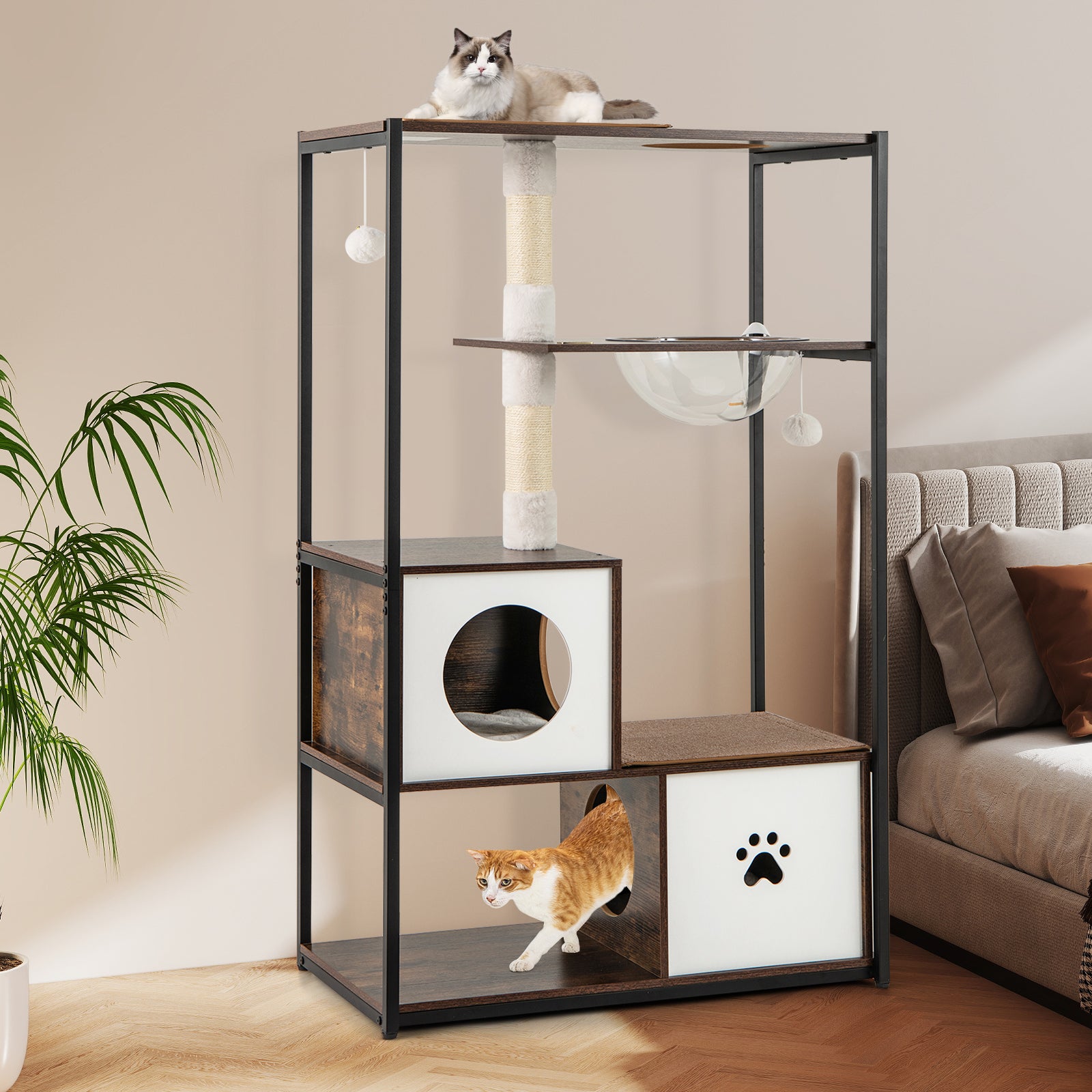 131CM Tall Wooden Cat Tree with Metal Frame Sisal Scratching Posts-Natural
