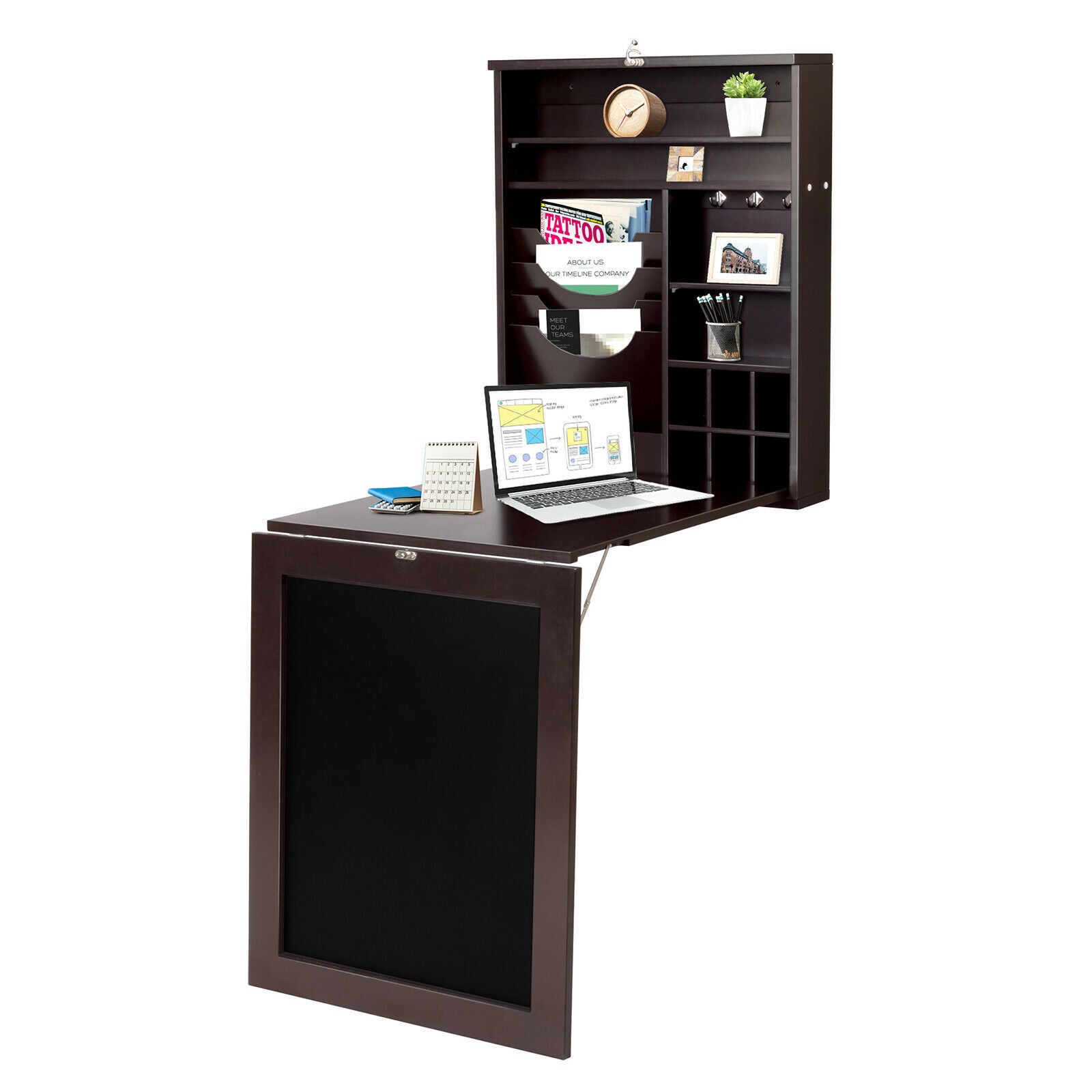 Multi-Function Folding Wall-Mounted Drop-Leaf Table with Chalkboard-Brown