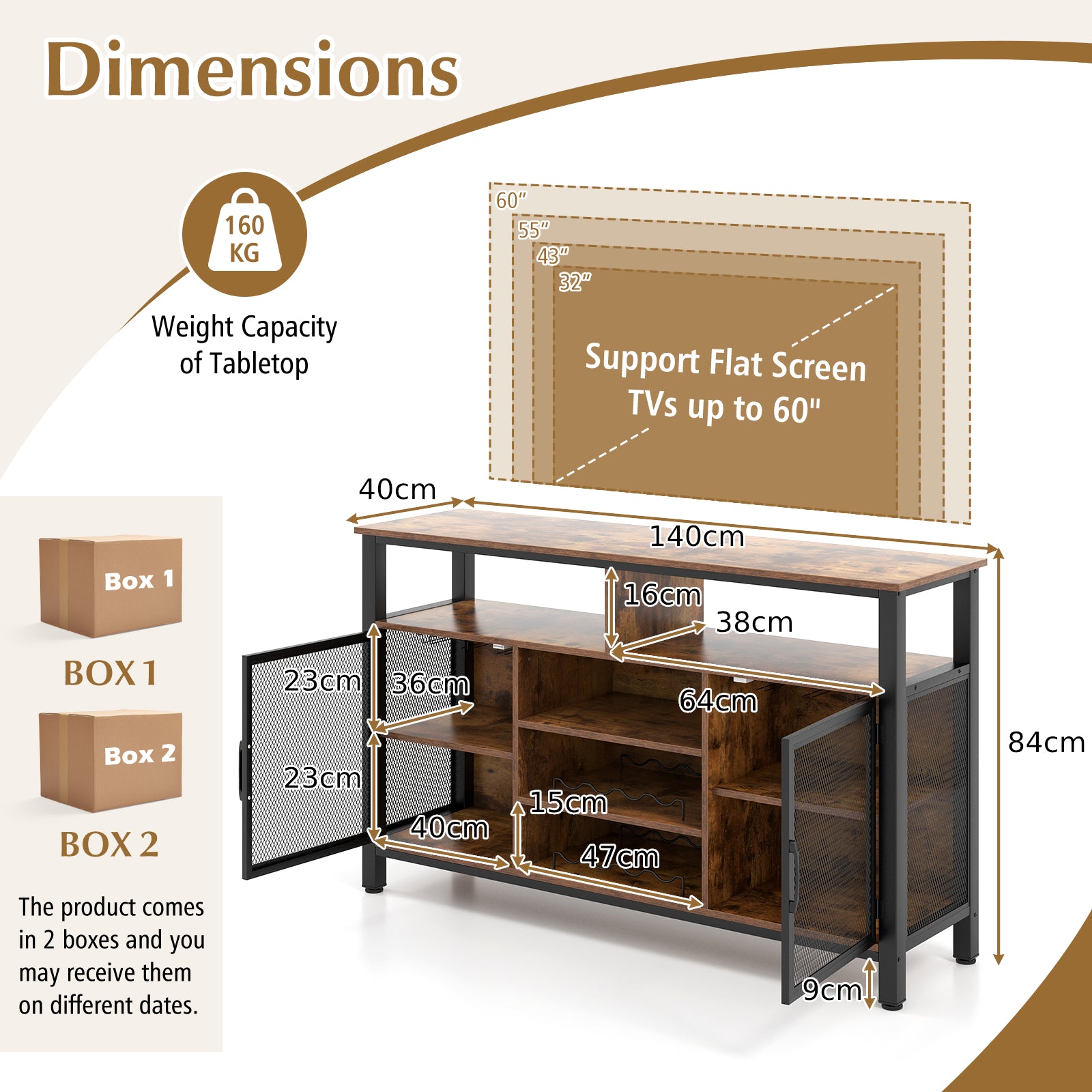 140cm Buffet Sideboard with 8-Bottle Wine Racks and 6 Rows of Wine Glass Holders-Rustic Brown