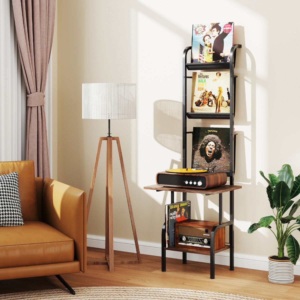 144cm Tall Record Player Stand&nbsp;with Vinyl Storage for Living Room Bedroom-Brown
