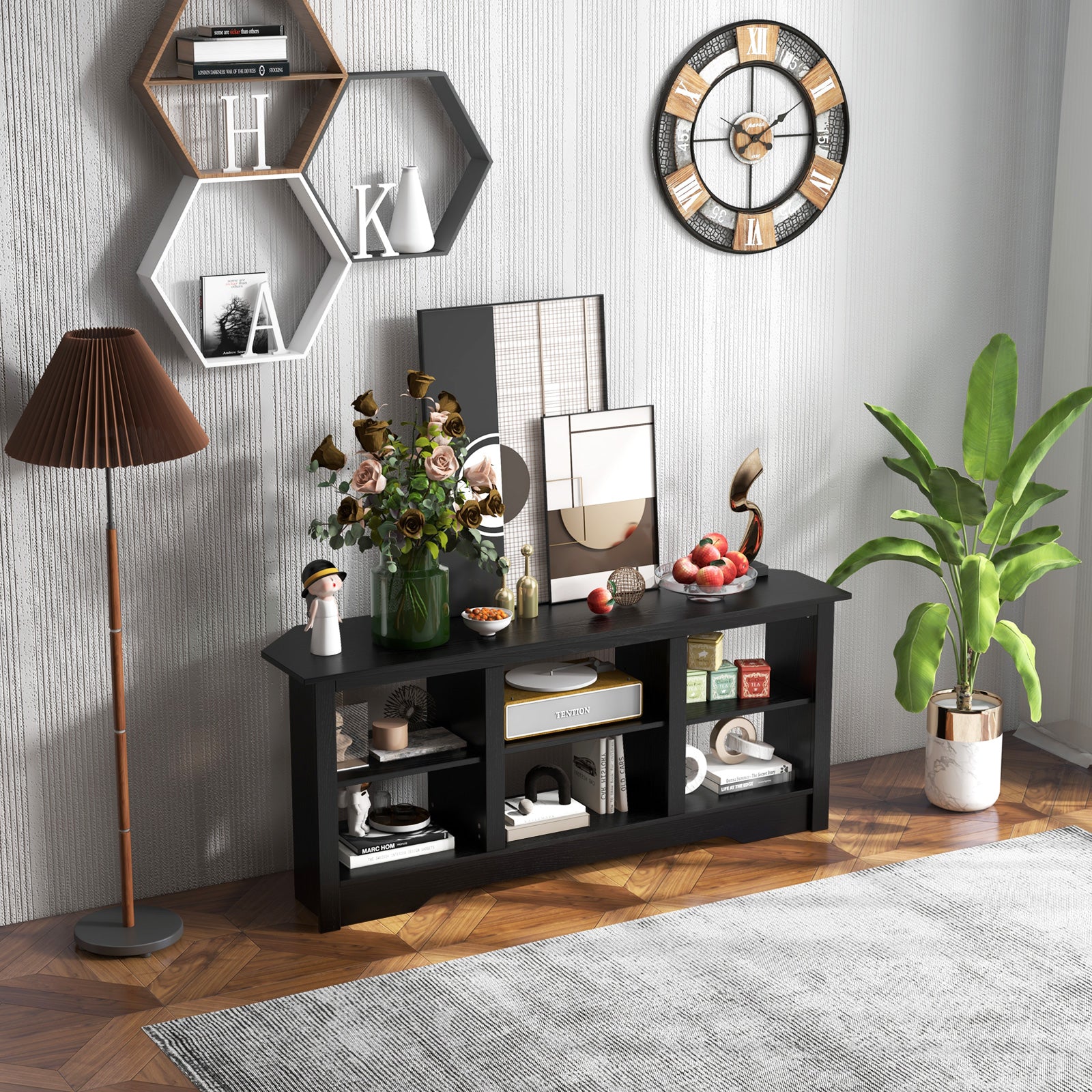 147cm TV Stand for TVs up to 65 Inches with 6 Open Storage Shelves-Black