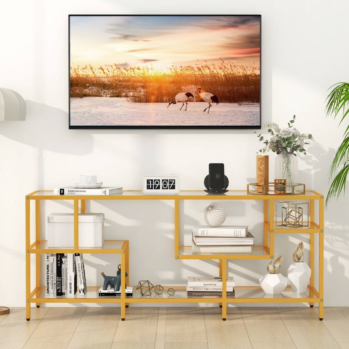 147cm TV Console Table with Tempered Glass Shelves-Golden
