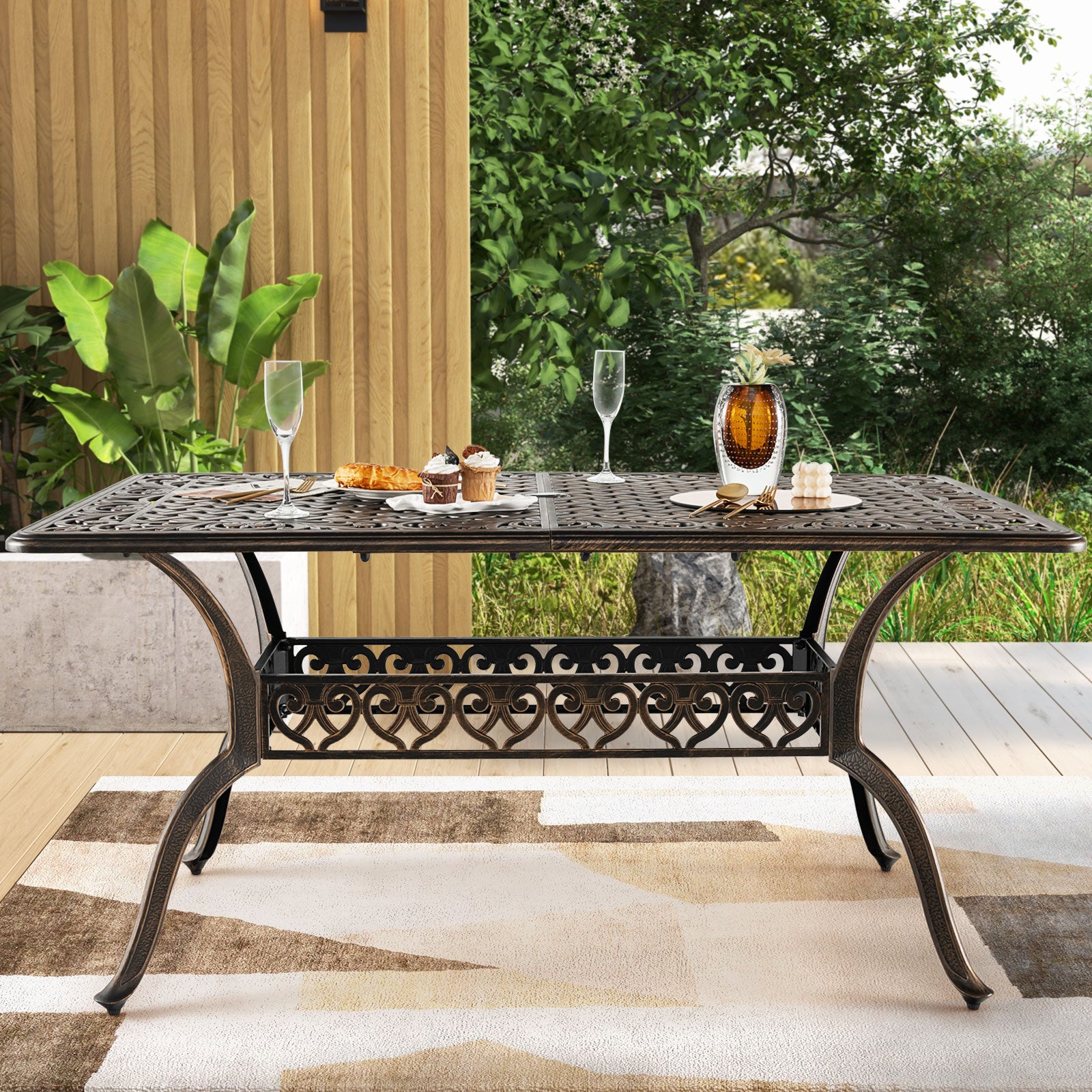 150 cm Outdoor Patio Dining Table Cast Aluminum with Umbrella Hole-Bronze