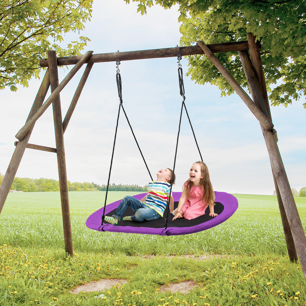 150 cm Oval Swing with Height-Adjustable Rope for Outdoor Indoor-Purple