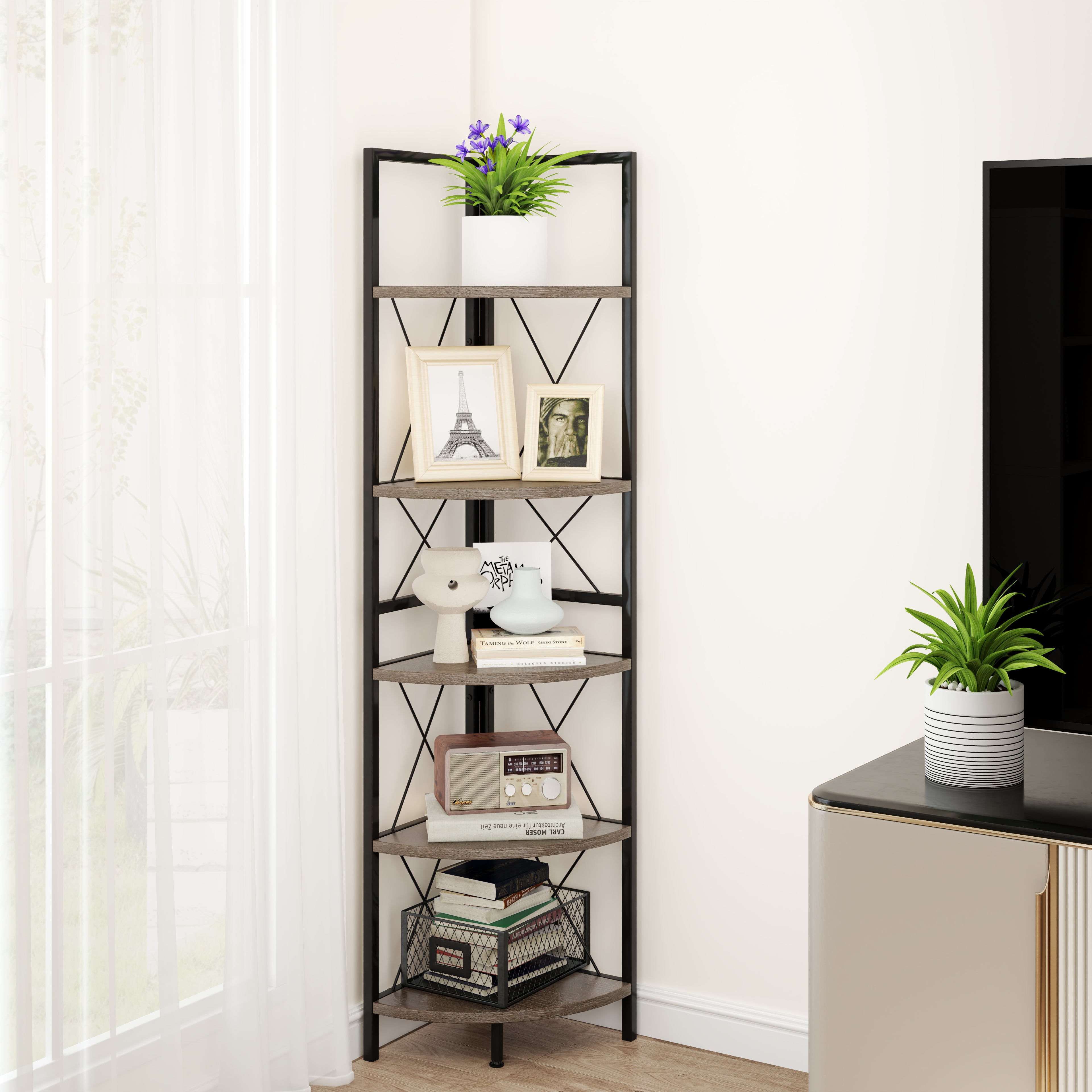 160 CM 5 tier Corner Bookshelf with Metal Frame X-shaped Brackets-Oak