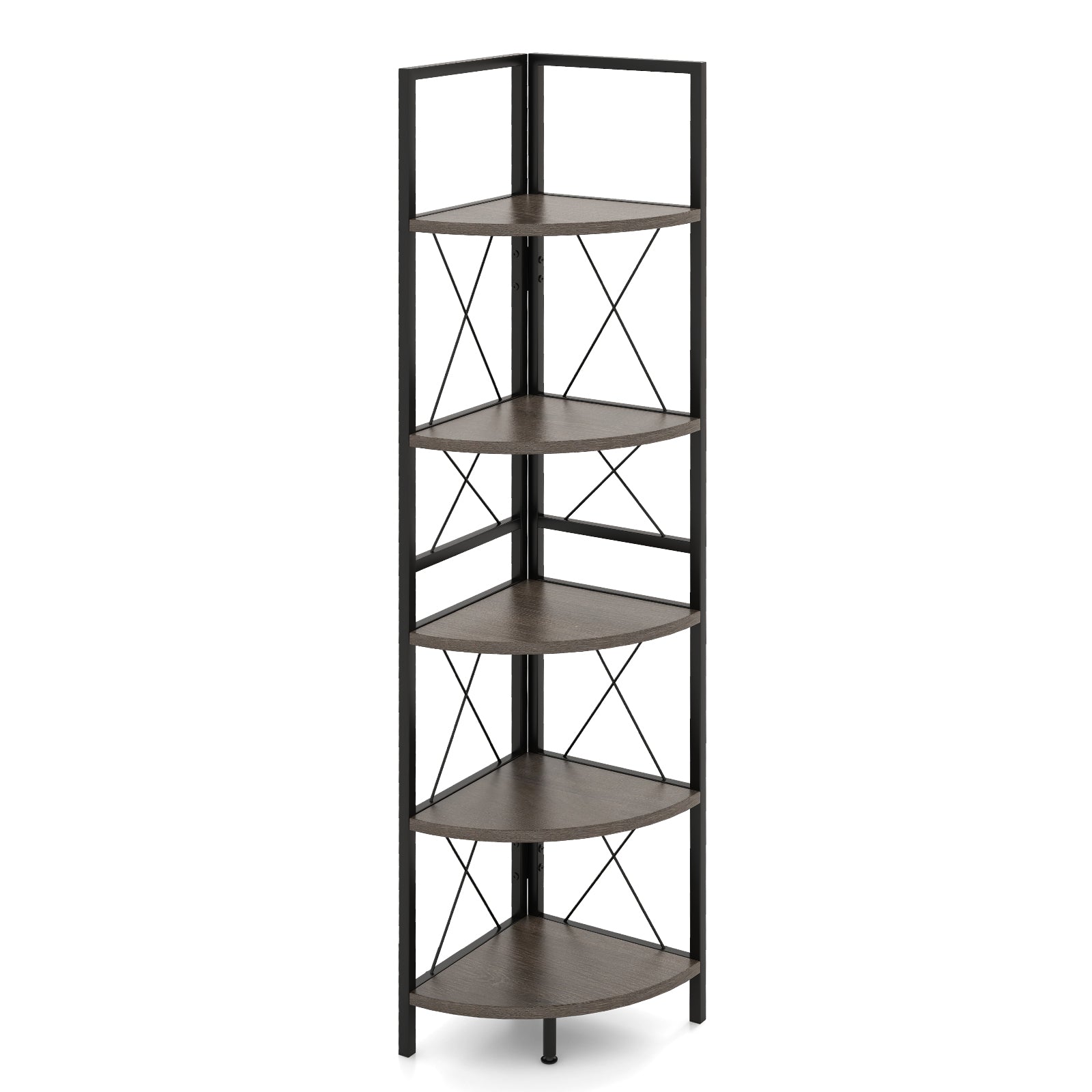 160 CM 5 tier Corner Bookshelf with Metal Frame X-shaped Brackets-Oak