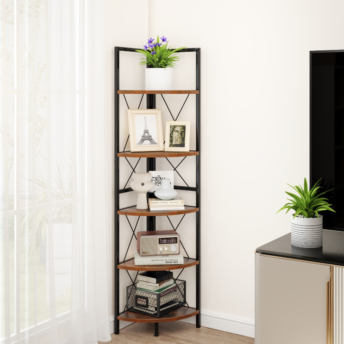 160 CM 5 tier Corner Bookshelf with Metal Frame X-shaped Brackets-Rustic Brown