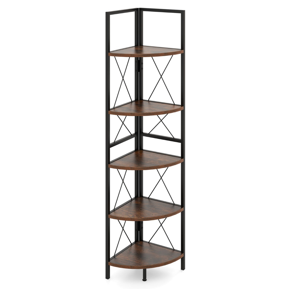 160 CM 5 tier Corner Bookshelf with Metal Frame X-shaped Brackets-Rustic Brown