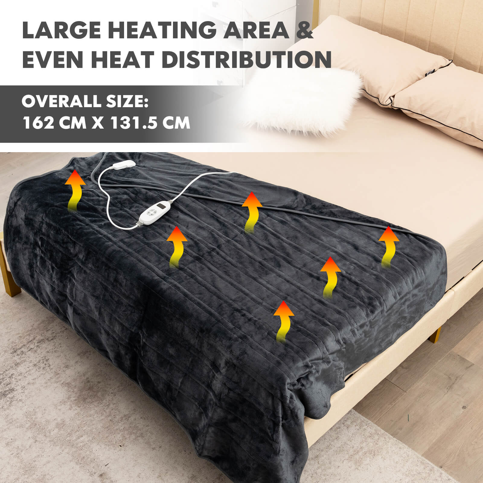 160 x 130 CM Electric Heated Throw Blanket with 10 Heat Settings-Grey
