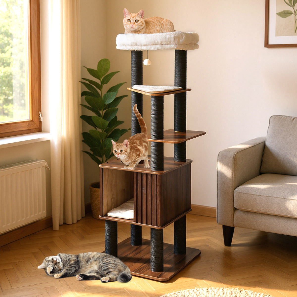 162CM Tall Cat Tree with Soft Padding and Hanging Jingling Ball-Brown