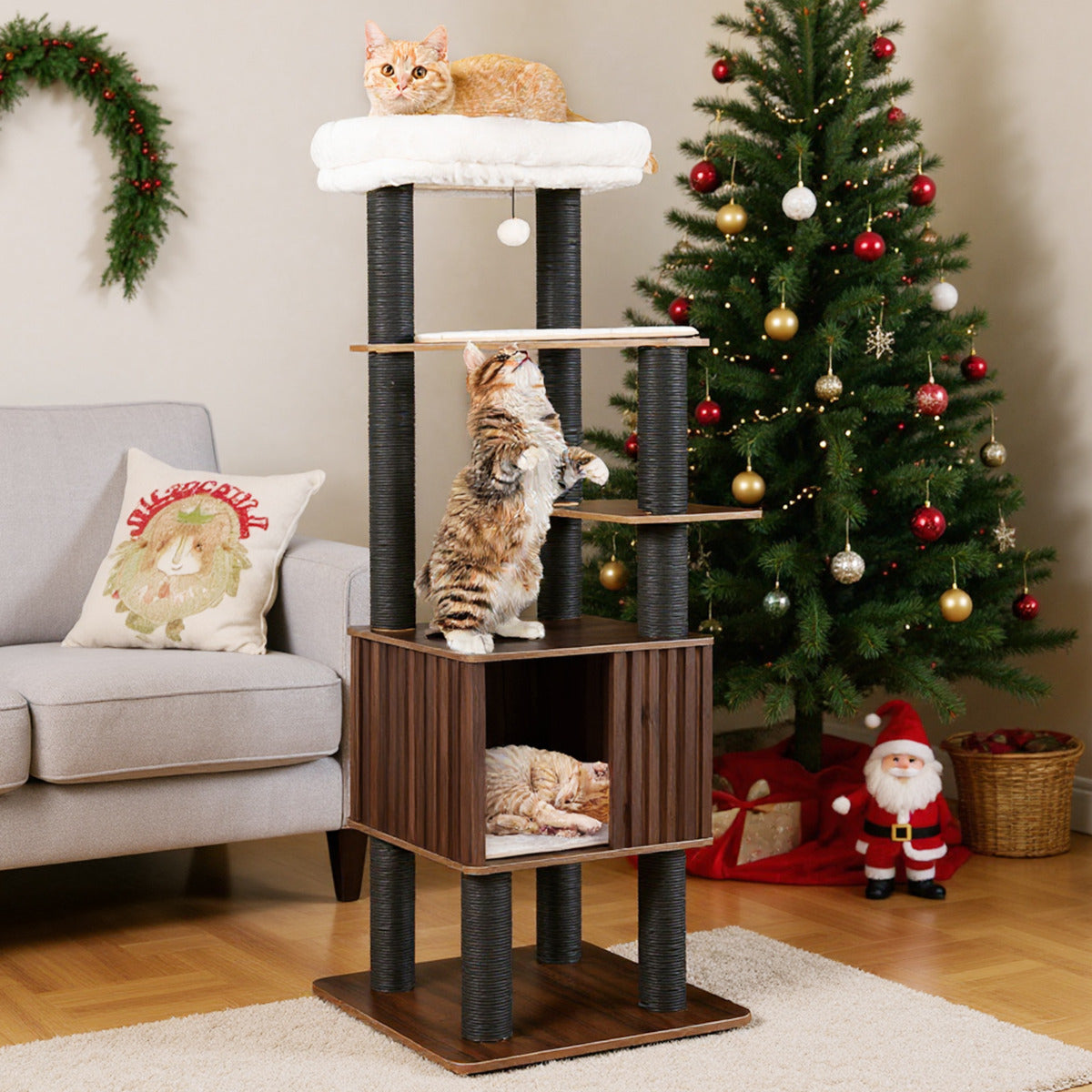 162CM Tall Cat Tree with Soft Padding and Hanging Jingling Ball-Brown