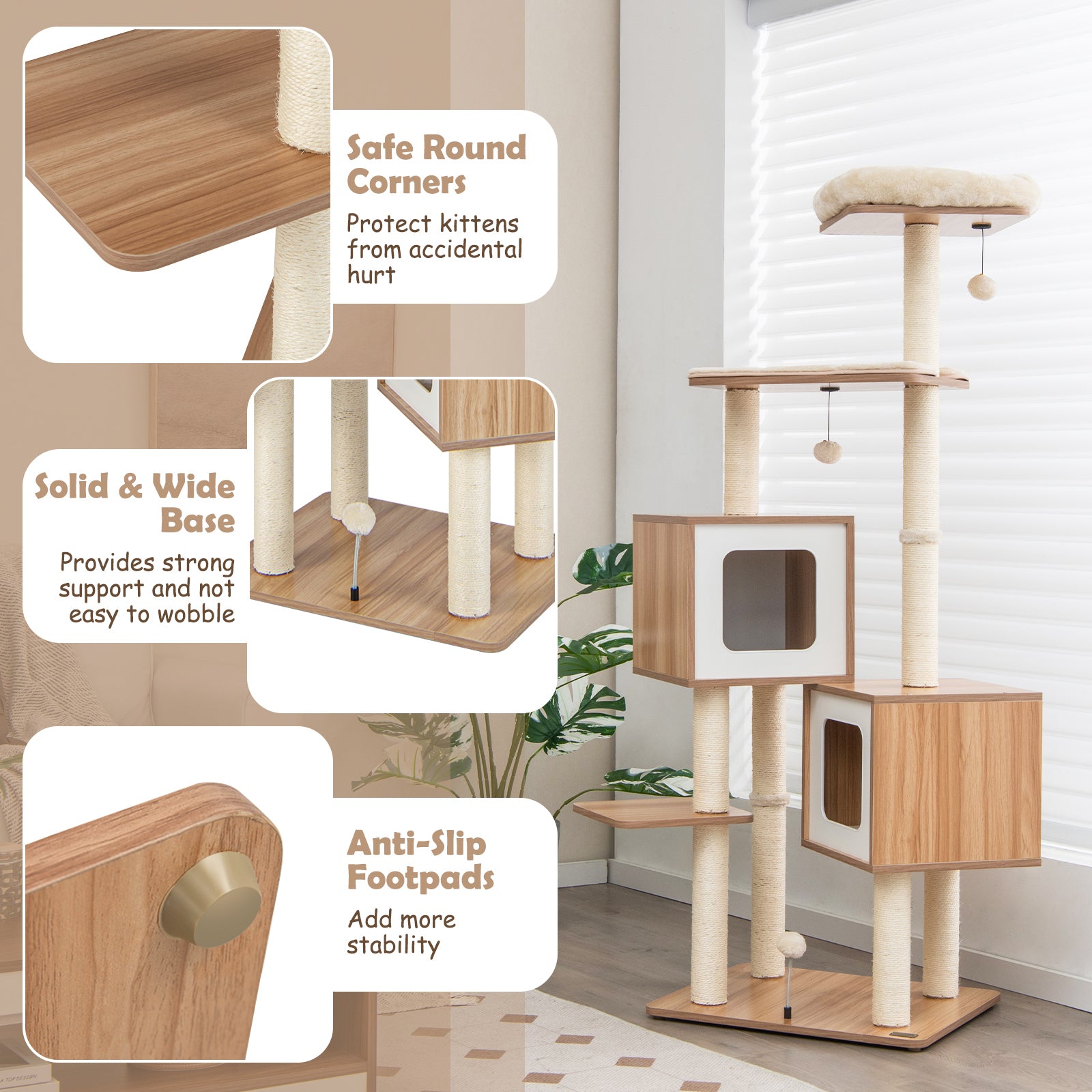 163 CM Tall Modern Wooden Cat Tree with Sisal Scratching Posts and Washable Cushions-Natrual