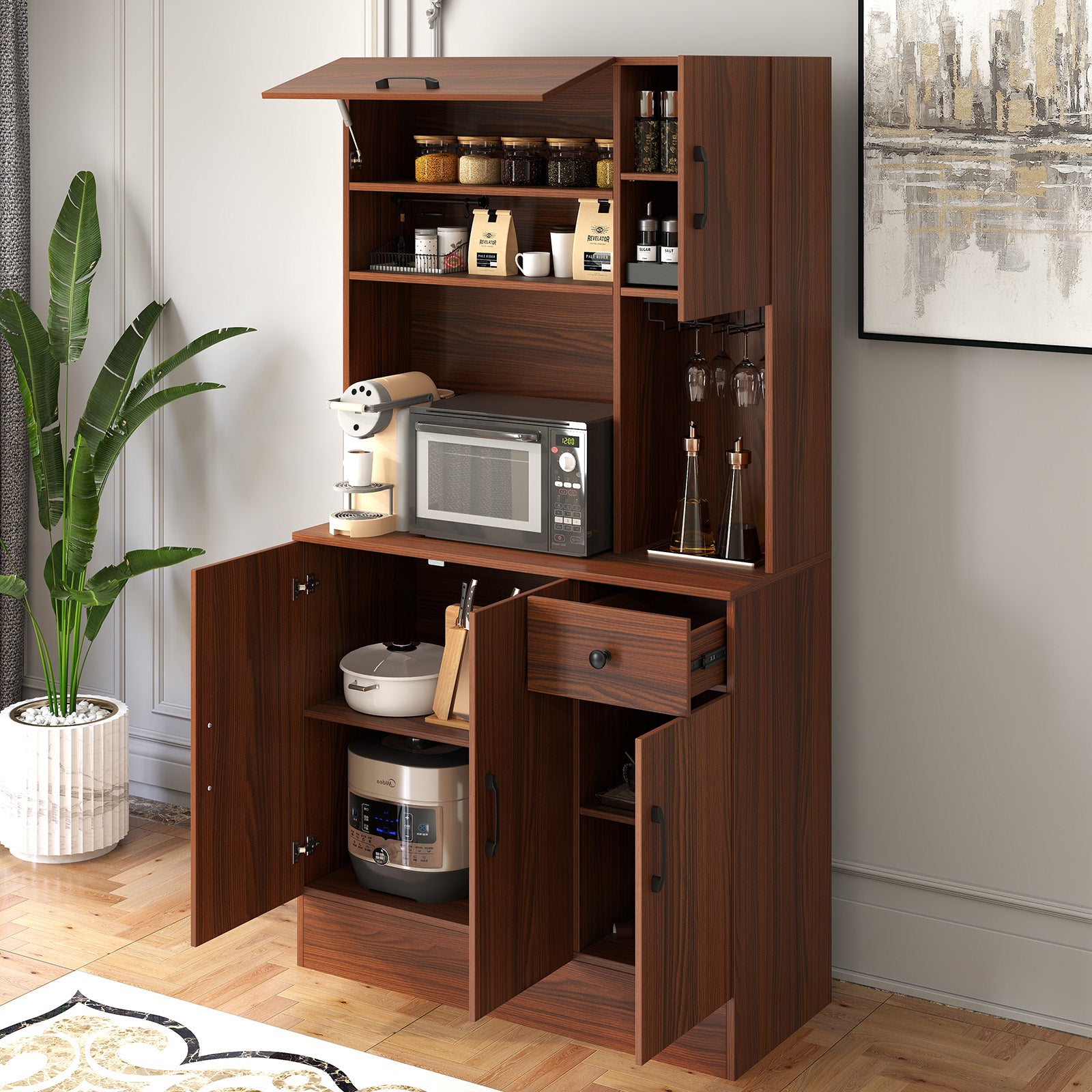 167cm Tall Pantry Cabinet with Hutch and Power Outlets-Walnut