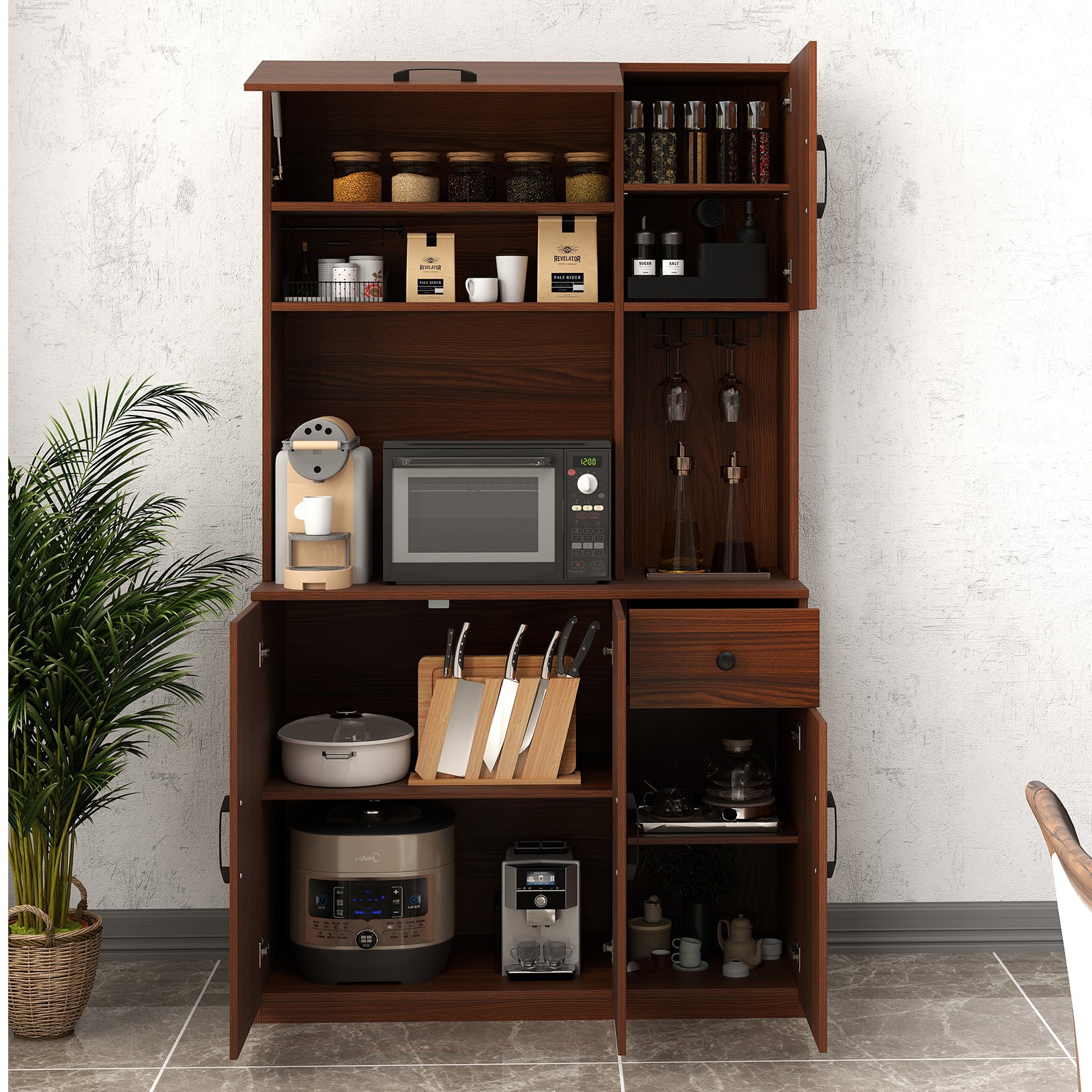 167cm Tall Pantry Cabinet with Hutch and Power Outlets-Walnut