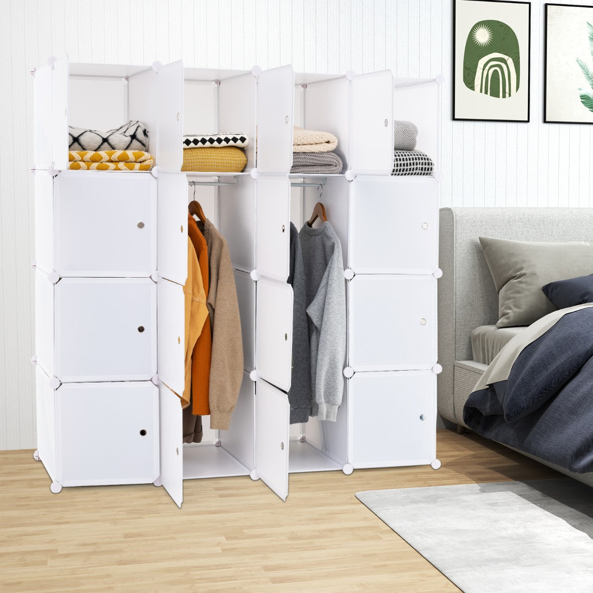 16 Cube Cabinet Storage Organizer with 2 Clothes Hanging Rails -White
