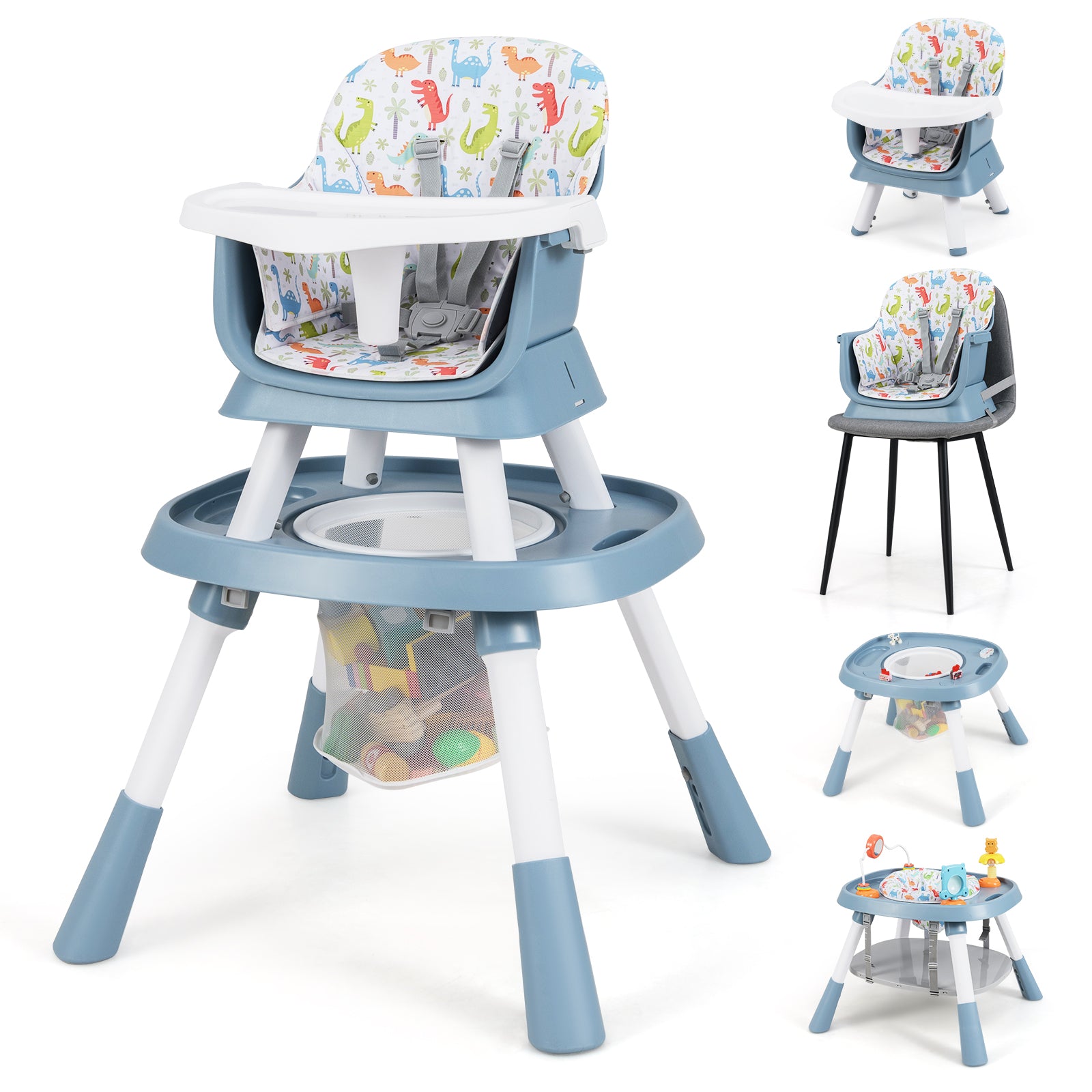 16-in-1 Convertible Baby High Chair with Removable Tray and 5-Point Harness-Blue