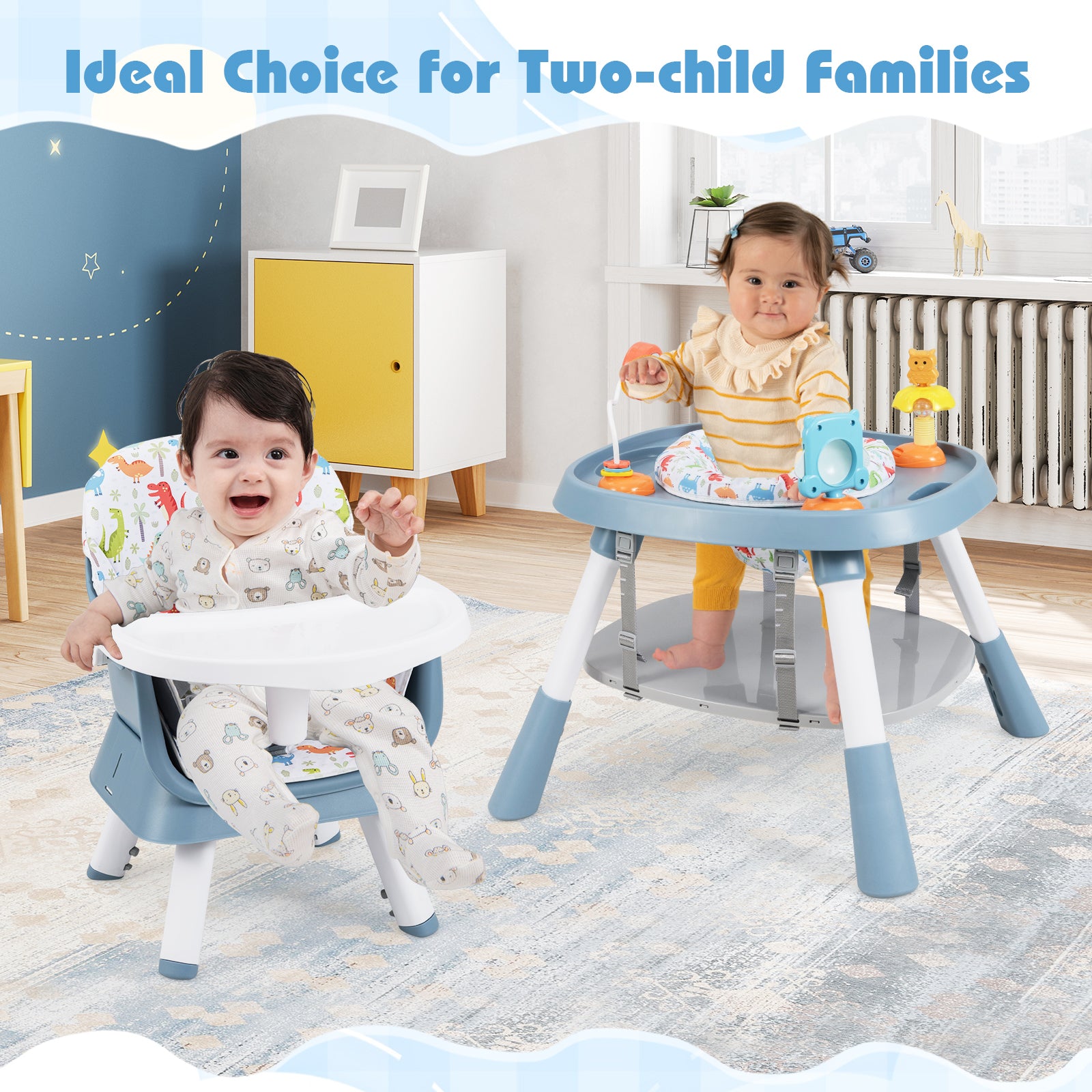 16-in-1 Convertible Baby High Chair with Removable Tray and 5-Point Harness-Blue