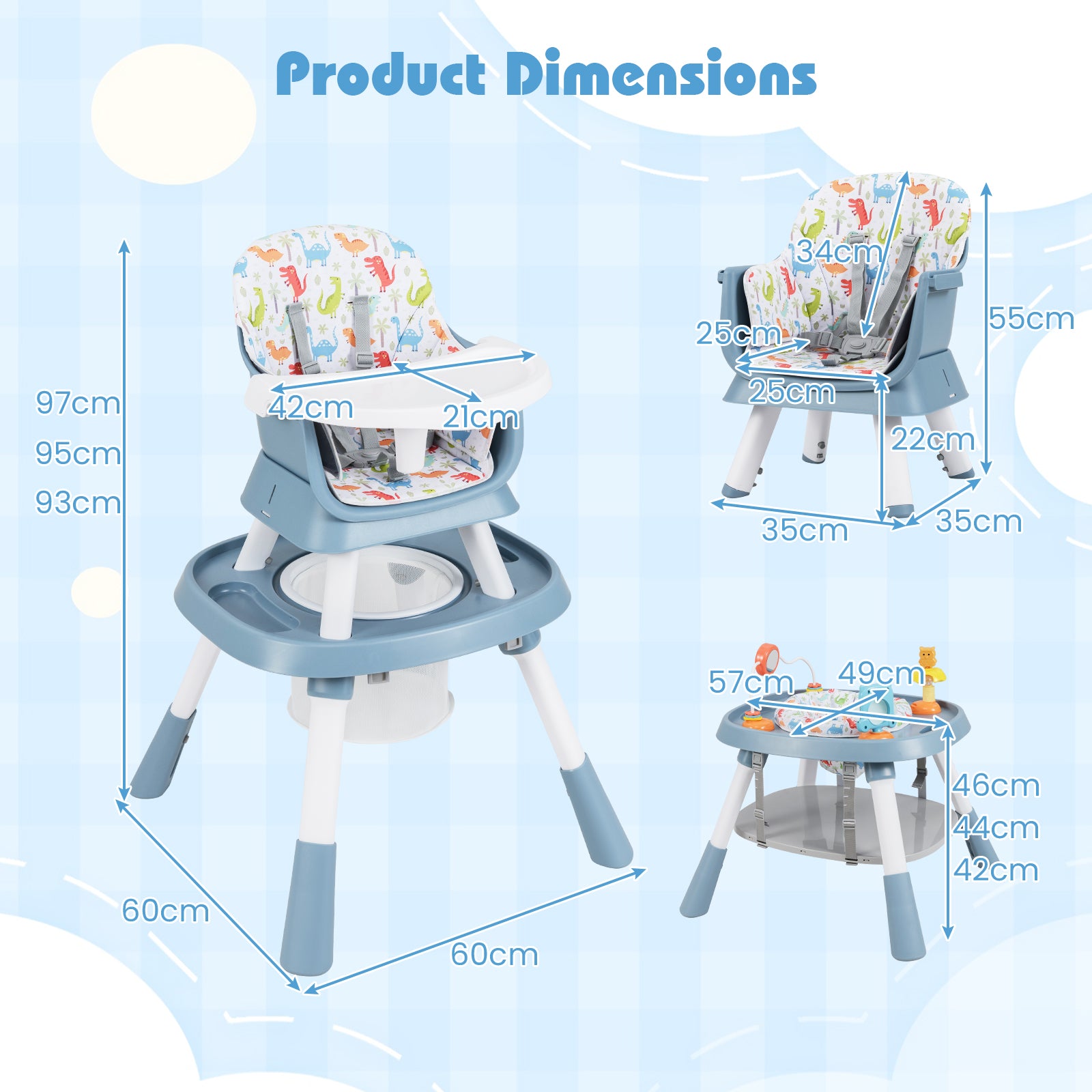 16-in-1 Convertible Baby High Chair with Removable Tray and 5-Point Harness-Blue