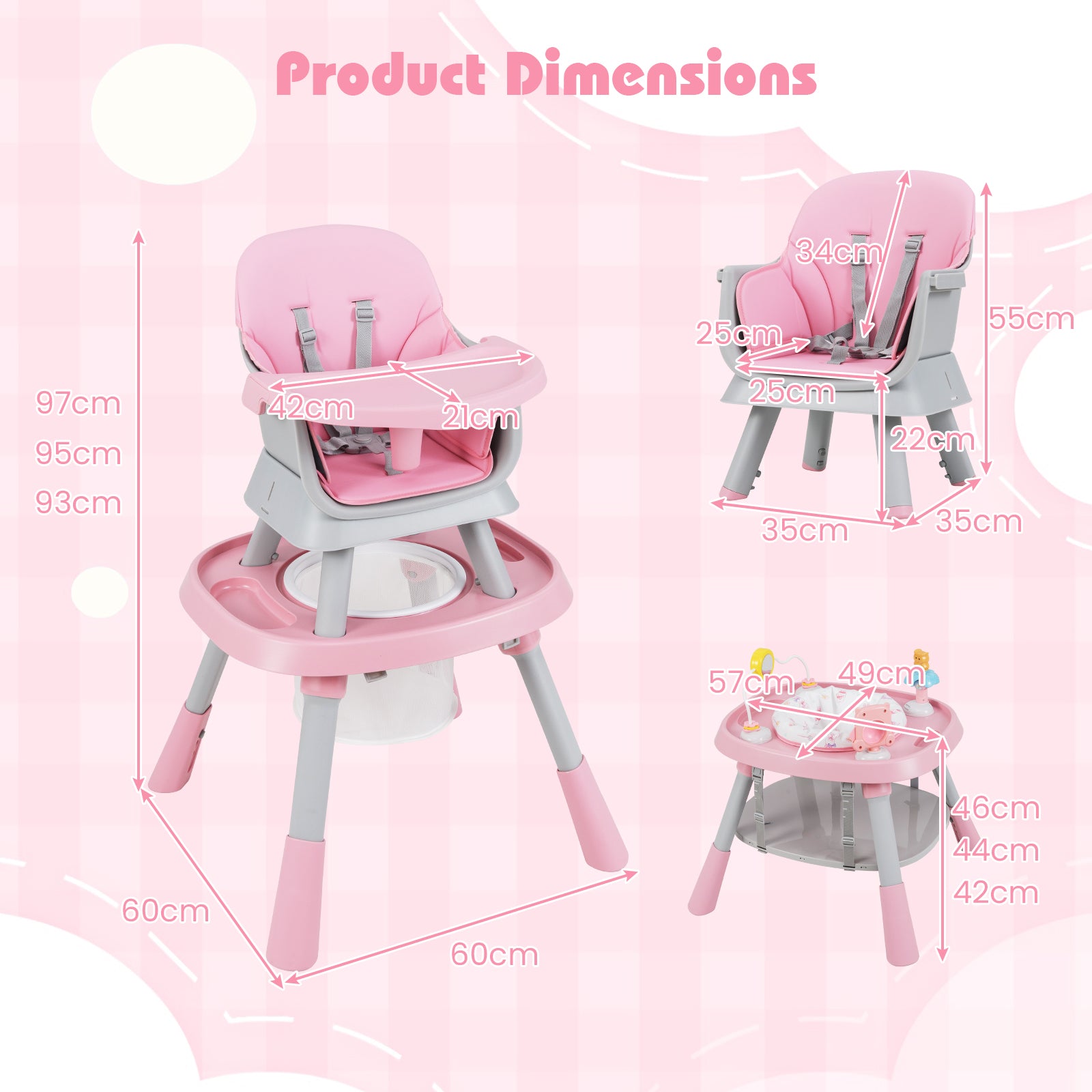 16-in-1 Convertible Baby High Chair with Removable Tray and 5-Point Harness-Pink