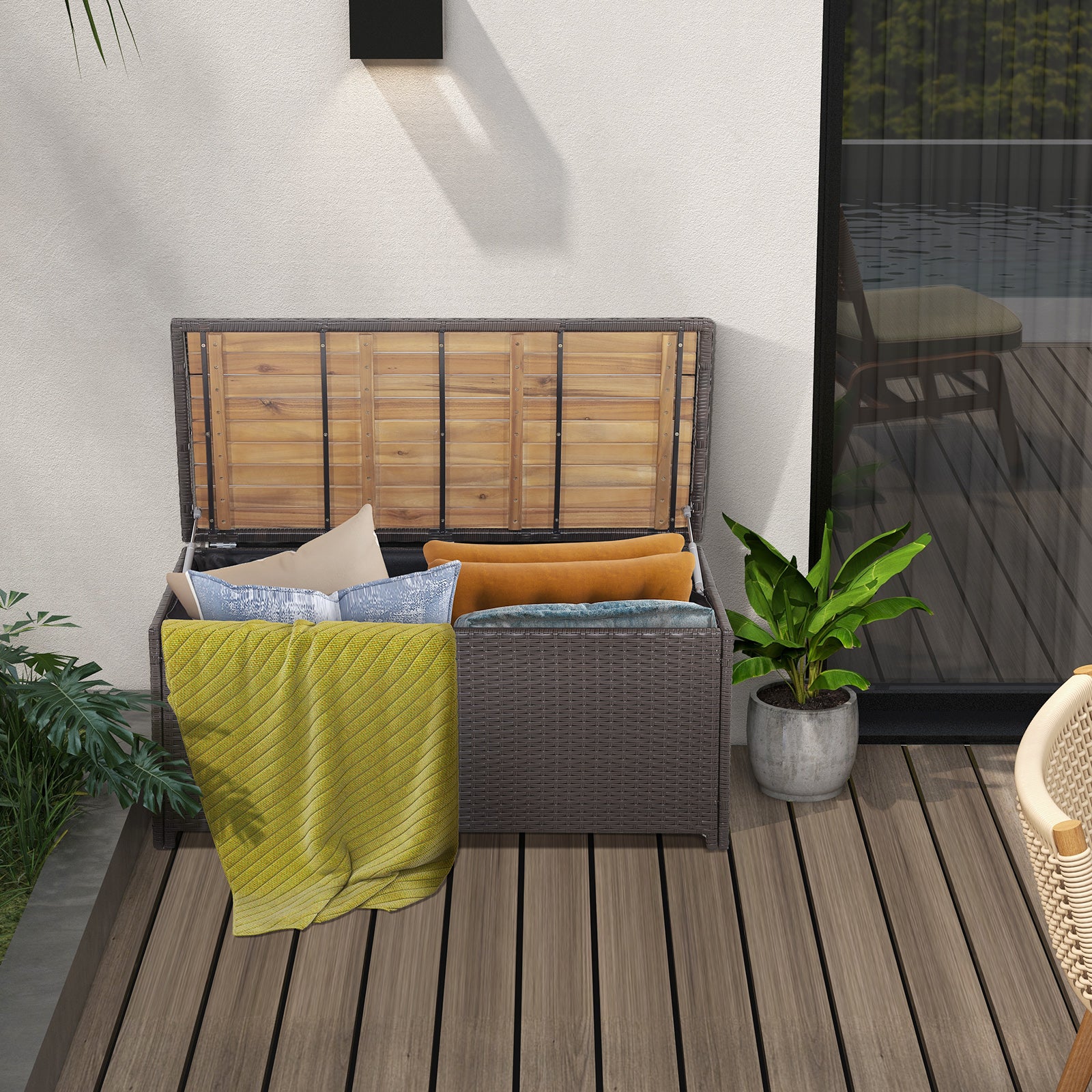 170L Outdoor Storage Bench Mix Brown Rattan Storage Container