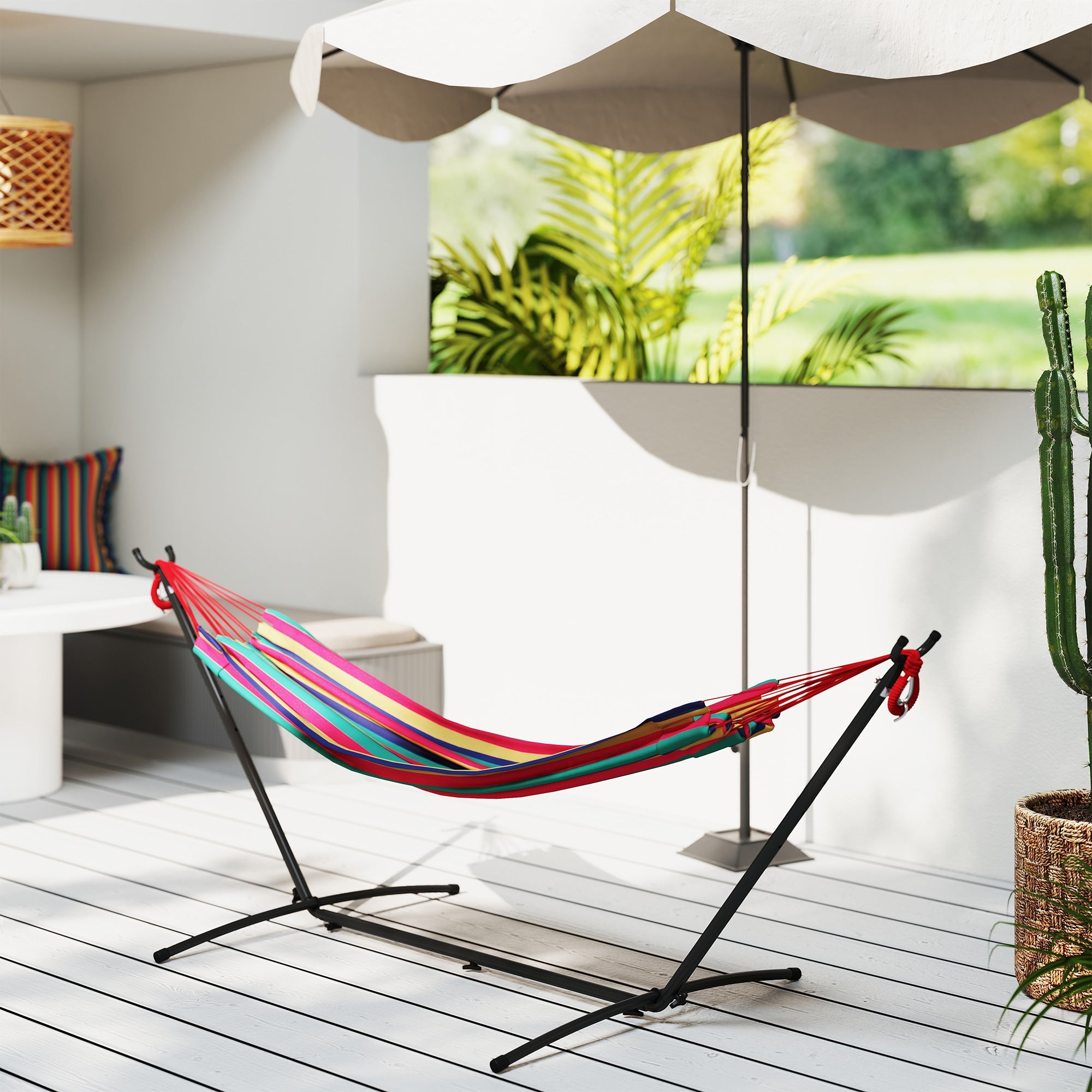 Outsunny 298 x 117cm Hammock with Stand Camping Hammock with Portable Carrying Bag, Adjustable Height, 120kg Load Capacity, Red Stripe