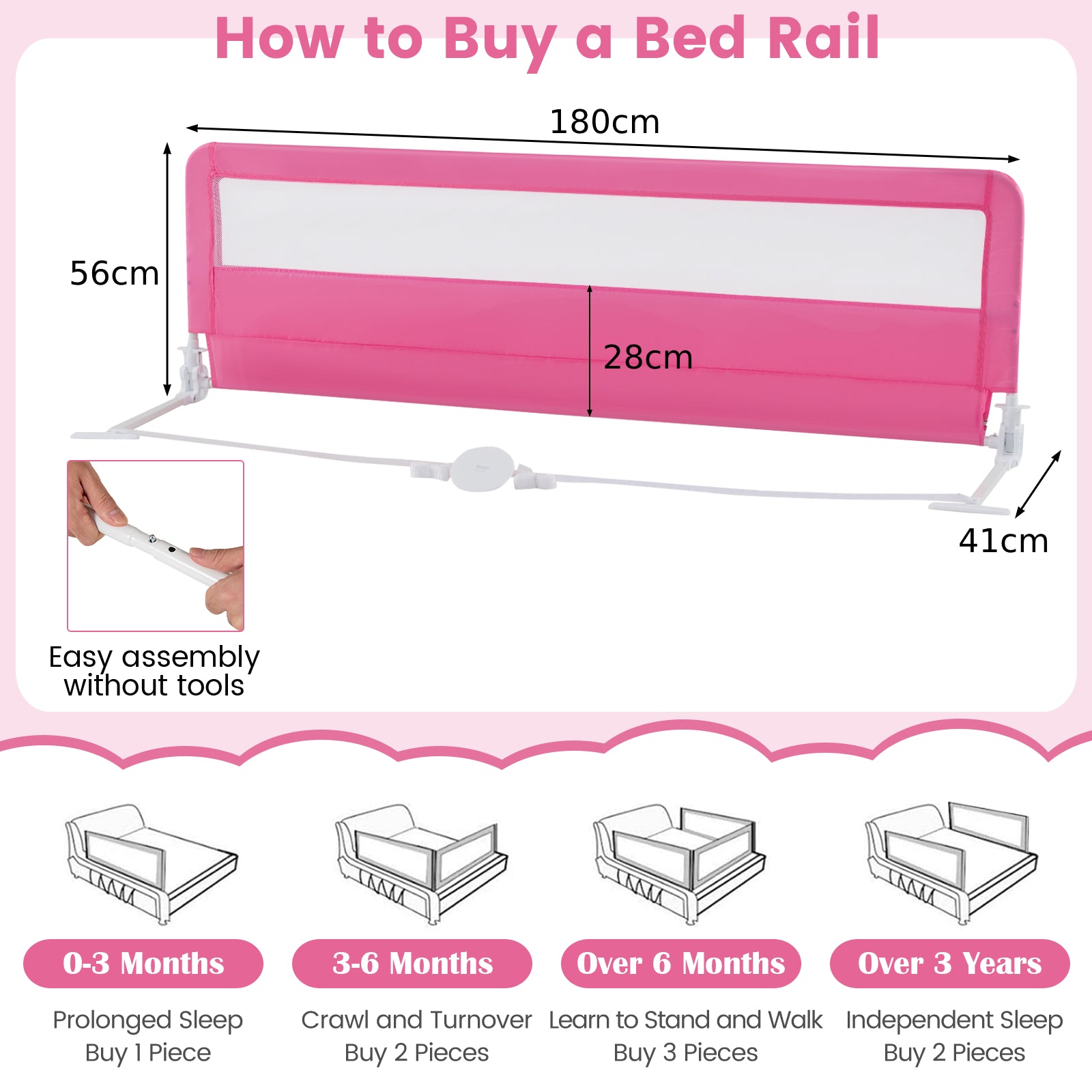 180CM Foldable Baby Bed Rail Guard with Removable Cover and Safety Strap-Pink