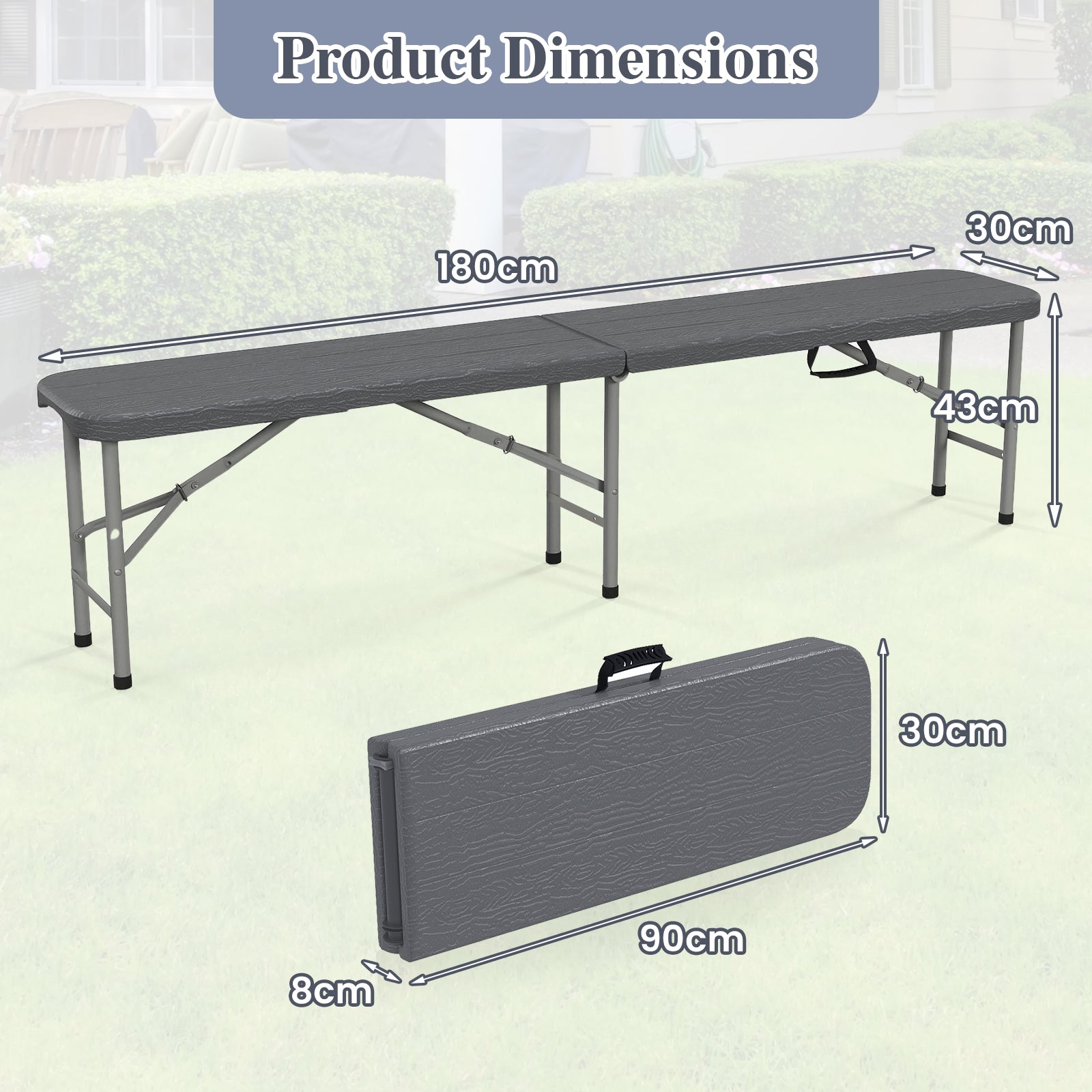 180cm Plastic Folding Bench with 300 kg Capacity and Handle Lock-Grey