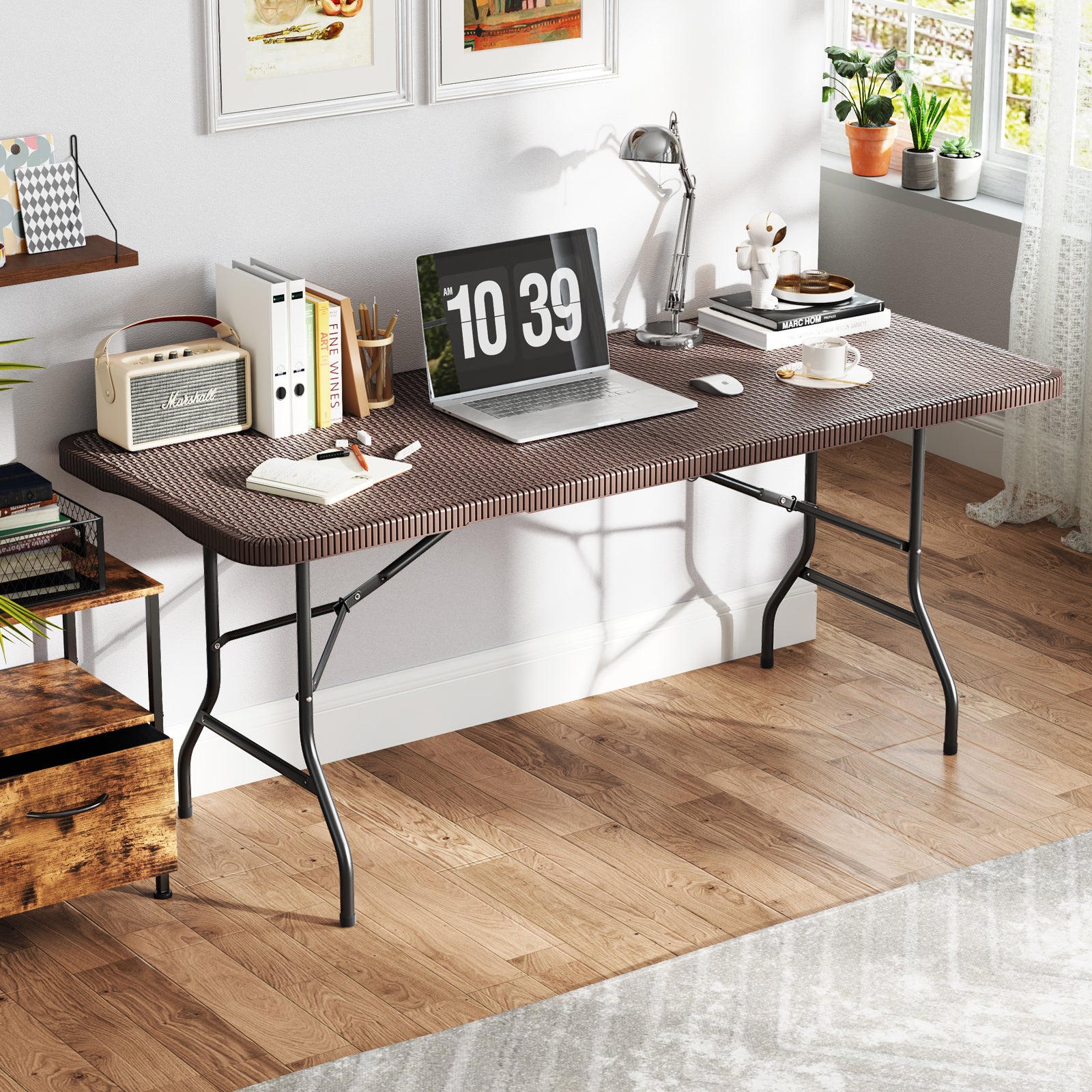 180cm Folding Table with Rattan-Like HDPE Tabletop and Safe Lock Mechanism-Coffee