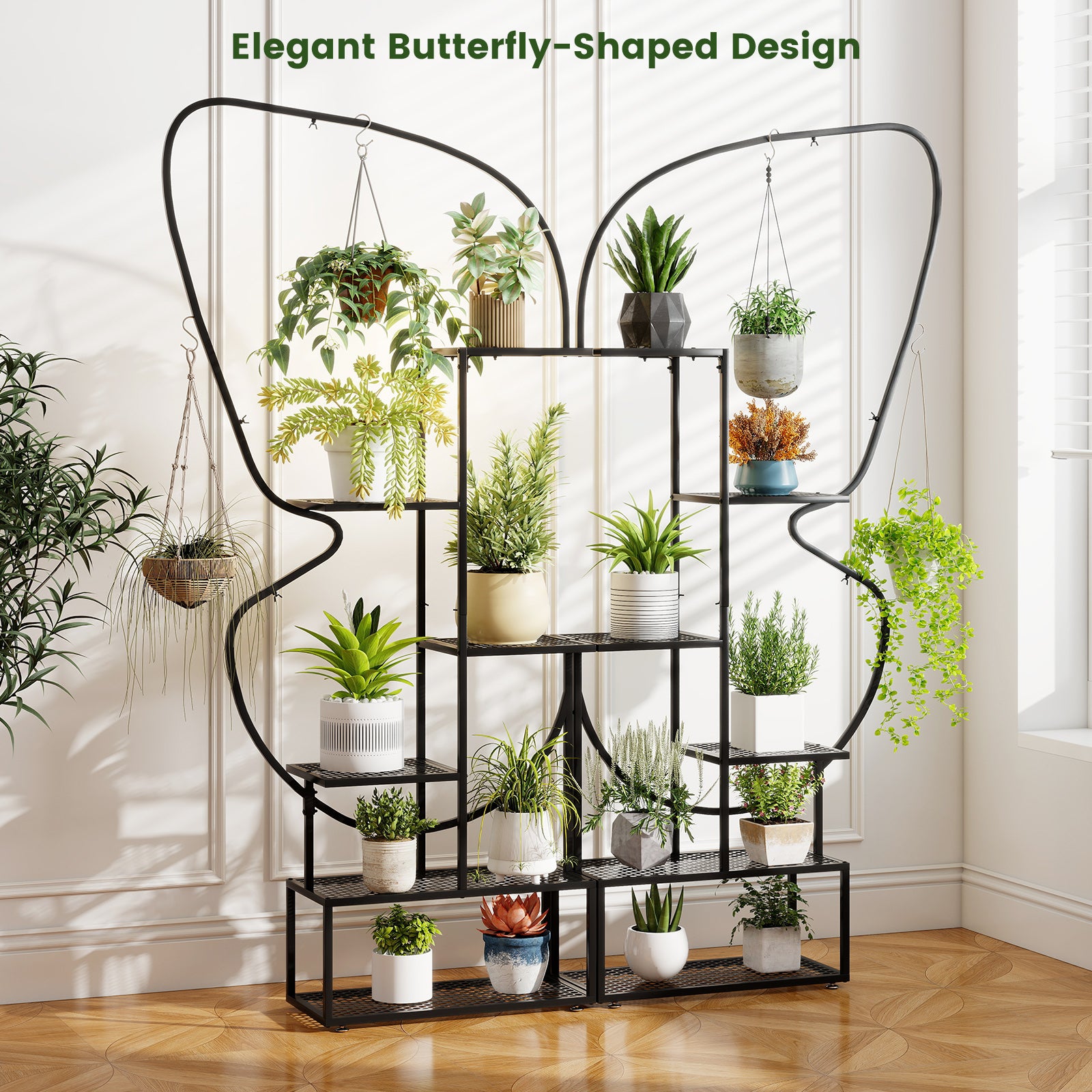 185 cm Tall Butterfly-Shaped 6-Tier Flowerpot Shelf-Black