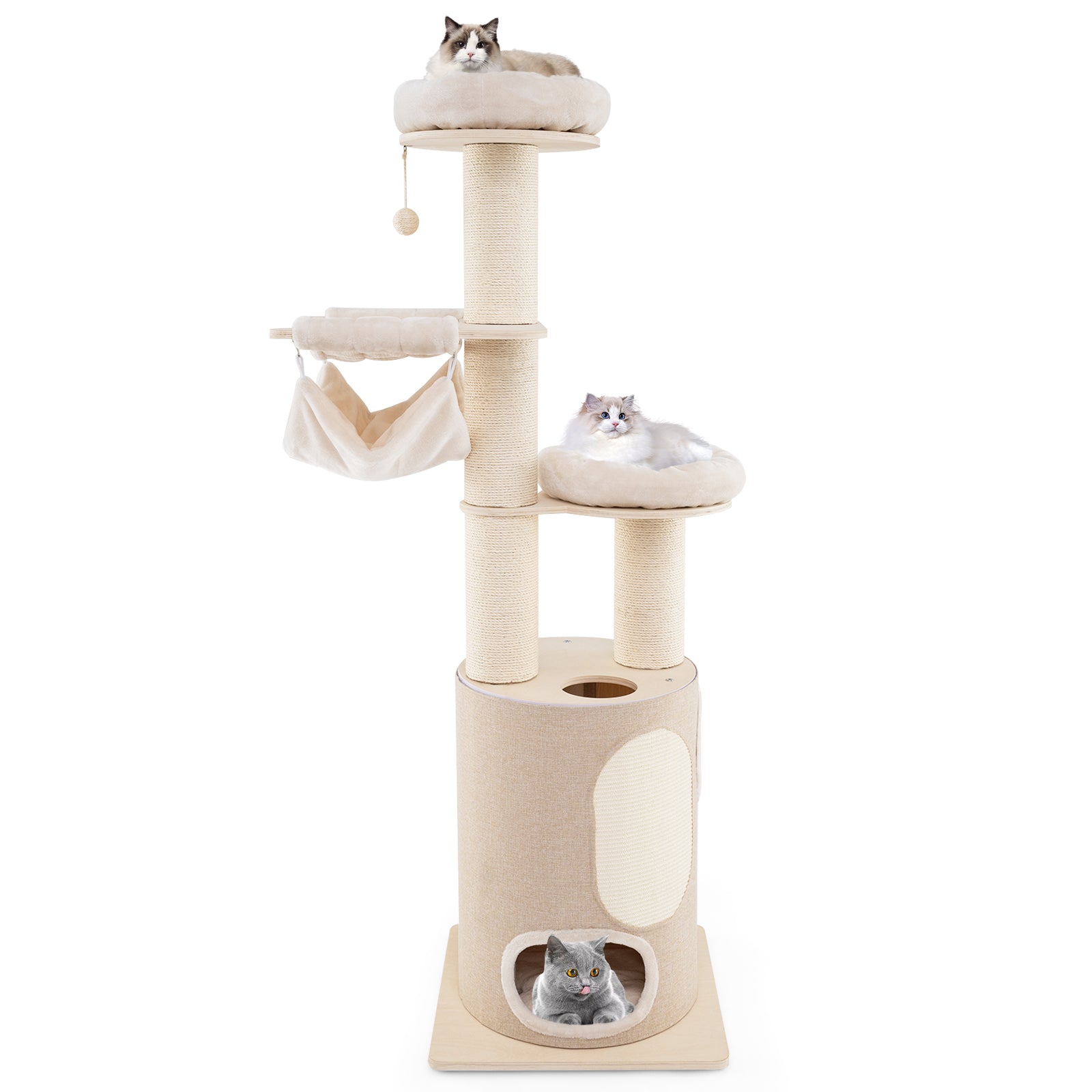 187 cm Tall Wooden Cat Tower Tree with 2-Story Cat Condo-Natural